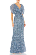 Mac Duggal Draped Sleeve Sequin V-Neck Gown Slate Blue