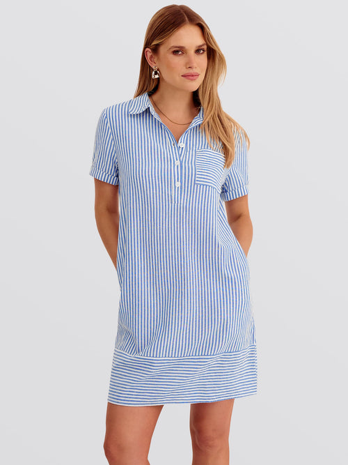 ANRABESS Womens Summer Shirt Dresses Casual Short Sleeve Button Tshirt Shift Short Polo Dress 2026 Beach Vacation Clothes Blue White Stripe Small