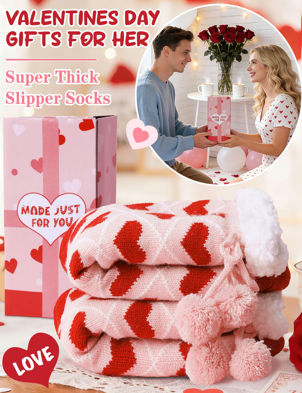 MOGGEI Fuzzy Slipper Socks for Women Galentines Day Gifts Fluffy Thermal Warm Winter Thick Cozy Non Slip Grips Plush Cabin Comfy Heart Socks Stocking Stuffers