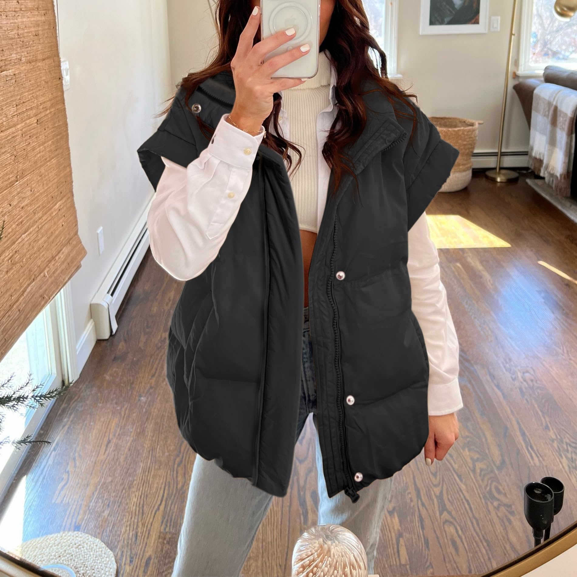 Songling Womens Oversized Puffer Vest Stand Collar Full Zip Sleeveless Bubble Puffer Vest Quilted Padded Warm Coat Outwear (Black,M)