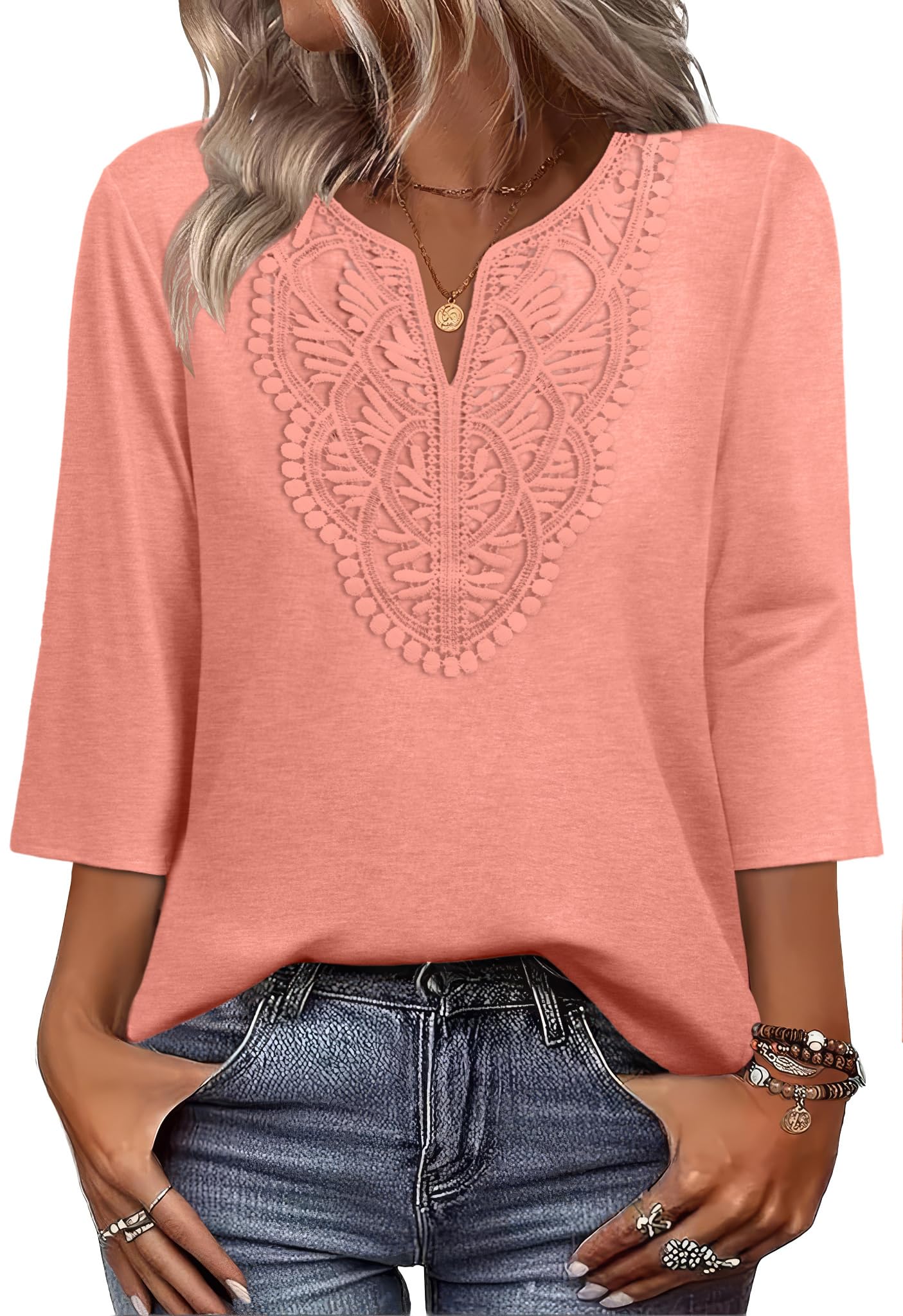 WIHOLL Womens Tops Dressy Casual 3/4 Sleeve T Shirts for Women Tops for Women Trendy Blouses Beach Vacation Clothes Resort Wear Spring Summer Outfits Plus Size Valentine Coral XL