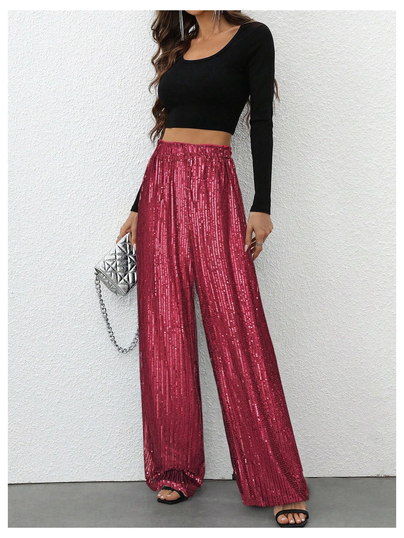 WDIRARA Women's Sequin Sparkle Pants Elastic Waist Wide Leg Party Club Trousers Burgundy Small