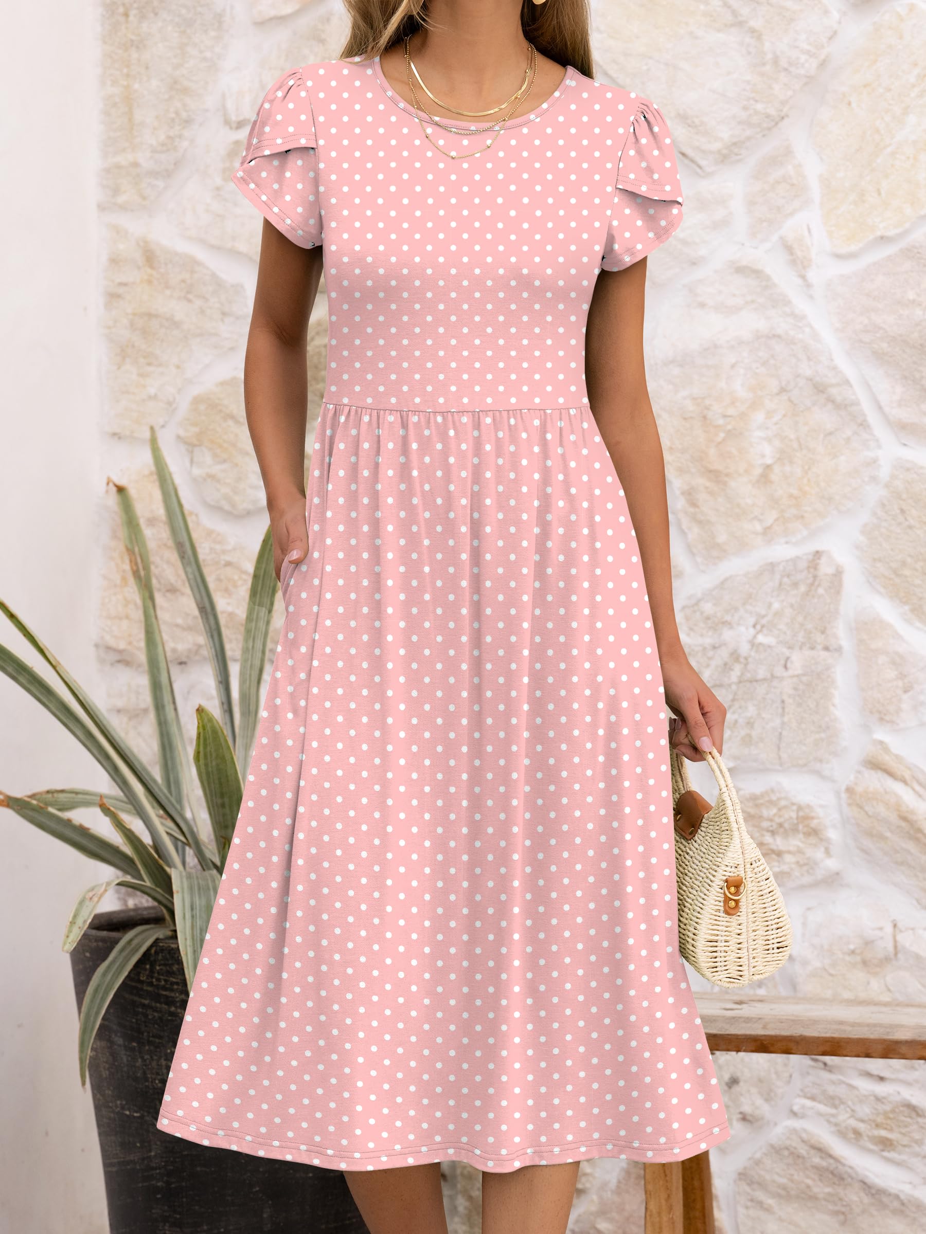 ANRABESS Women's Summer Short Sleeve A-Line Midi Dresses Casual Floral T-Shirt Dresses Flowy Beach Sundress with Pockets Pink Round Dot Large