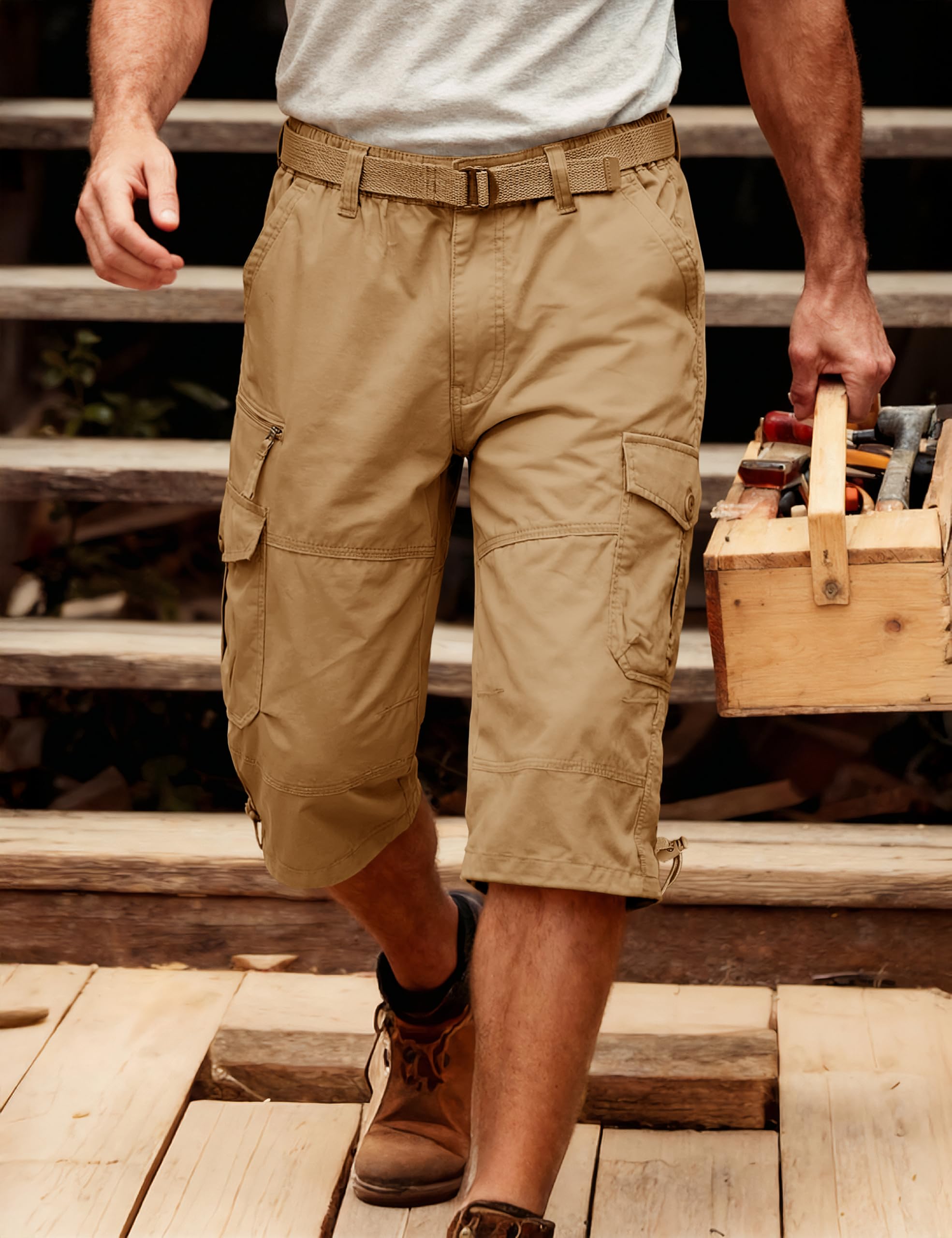 MAGCOMSEN Mens Cargo Shorts Long Capri Elastic Below The Knee 3/4 Cotton Casual Summer Long Shorts with Pockets Khaki 34