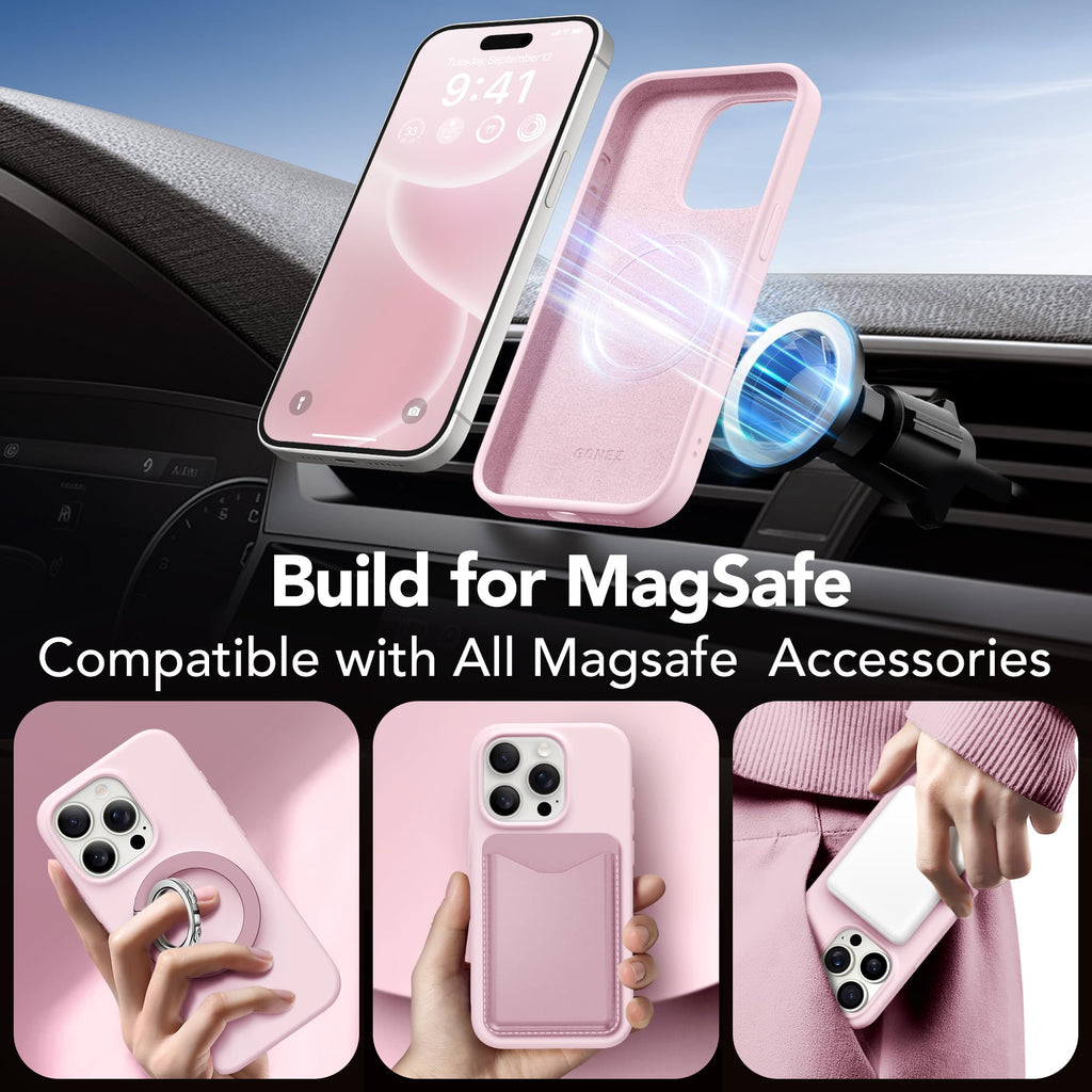 GONEZ for iPhone 15 Pro Max Case Silicone, Compatible with Magsafe, Camera Protector + Screen Protector, Soft Anti-Scratch Microfiber Lining, Liquid Silicone Shockproof Phone Cover, Chalk Pink