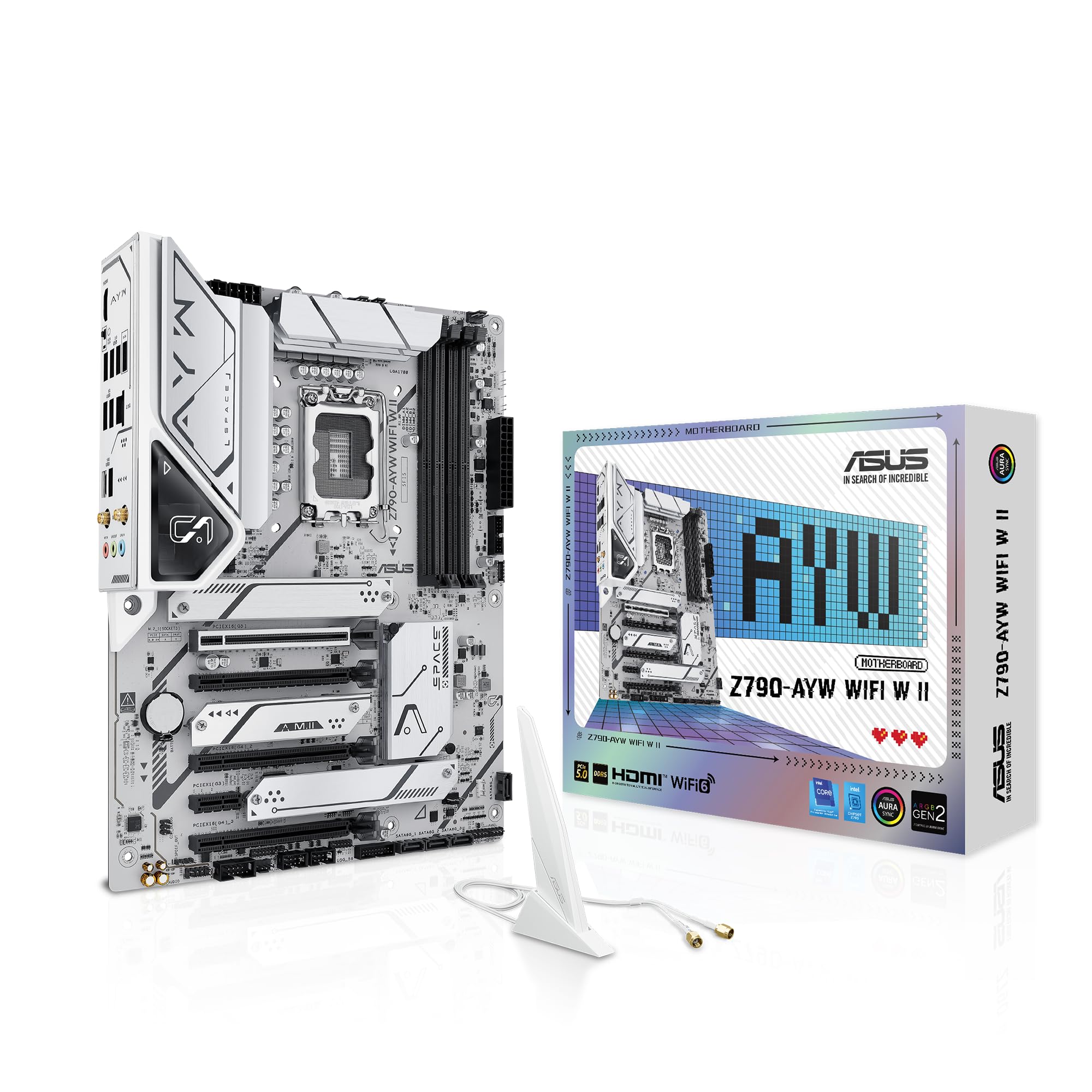 ASUS Z790-AYW WiFi W II Intel Z790 (LGA 1700) ATX Motherboard with PCIe® 5.0, 3X M.2, 12+1 DrMOS, DDR5, WiFi 6, 2.5Gb LAN, HDMI, USB 10Gbps Type-C®, USB 10Gbps Type-C®, Thunderbolt™, USB4®, Aura Sync