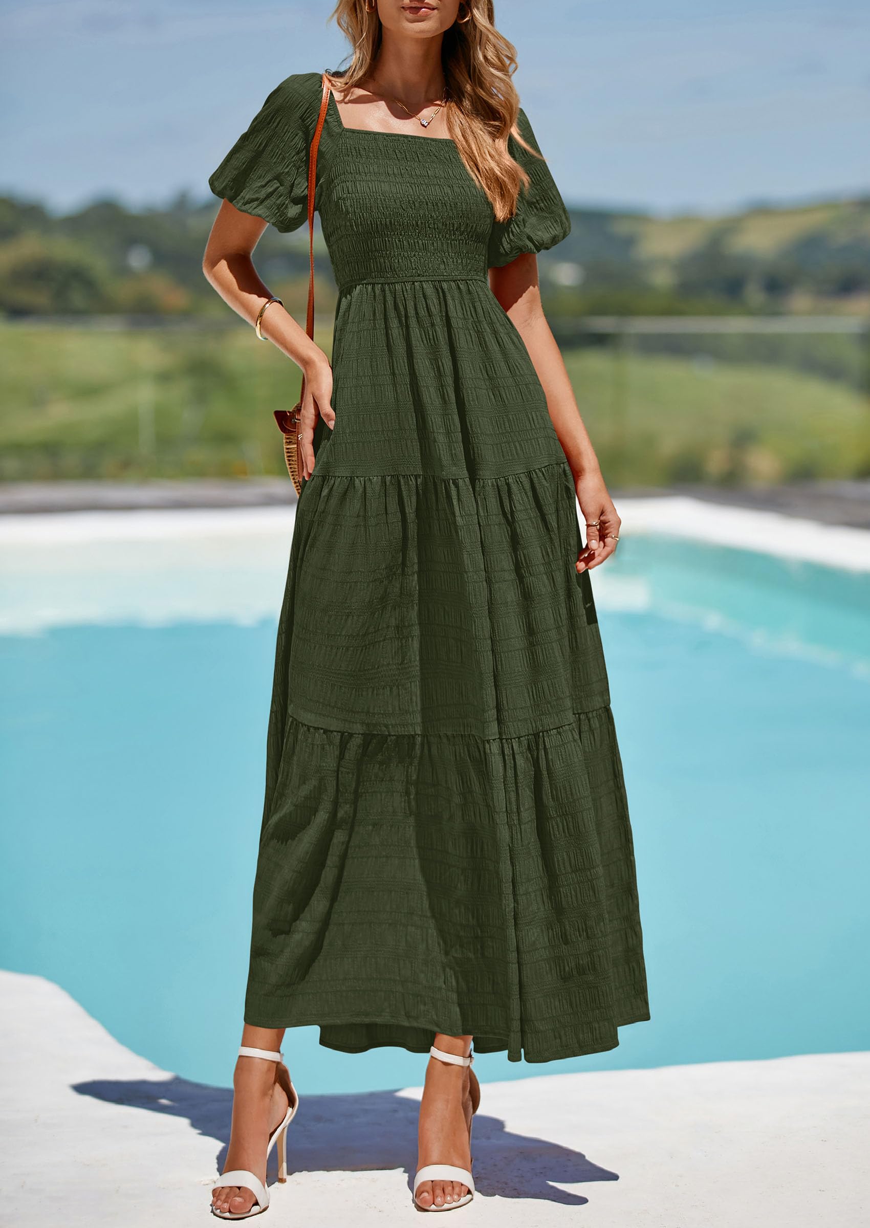 PRETTYGARDEN Womens Summer Puff Short Sleeve Maxi Dress Square Neck Smocked Tiered Ruffle A Line Long Flowy Beach Dresses (Army Green,Medium)