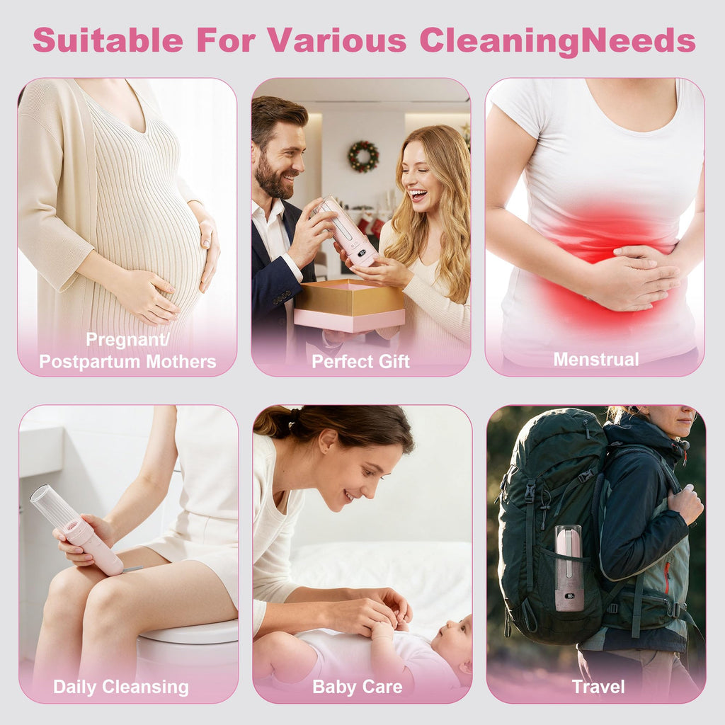 WeWi HLTH Electric Portable Bidet – Rechargeable Travel Bidet for Women Postpartum Care & Personal Hygiene | with 3 Pressure Modes for Home Travel & Camping (Pink)