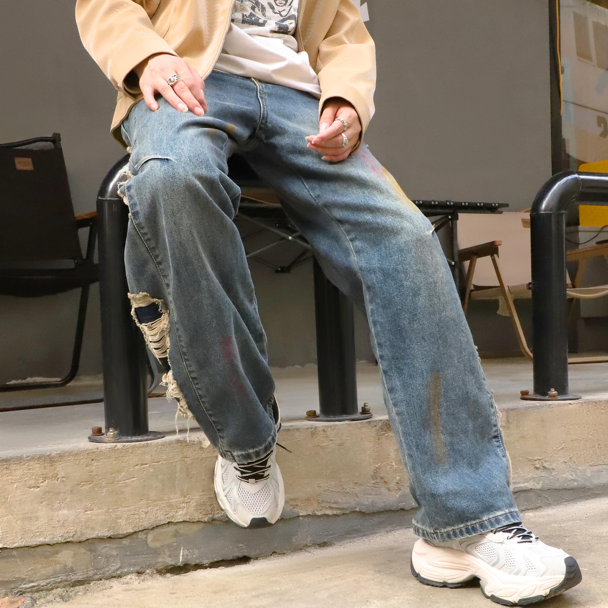 KODEIPLAY Barrel Baggy Jeans for Men y2k Mens Jeans Relaxed Fit Hip Hop High Waisted Long Trousers Loose Wide Leg Denim Pants