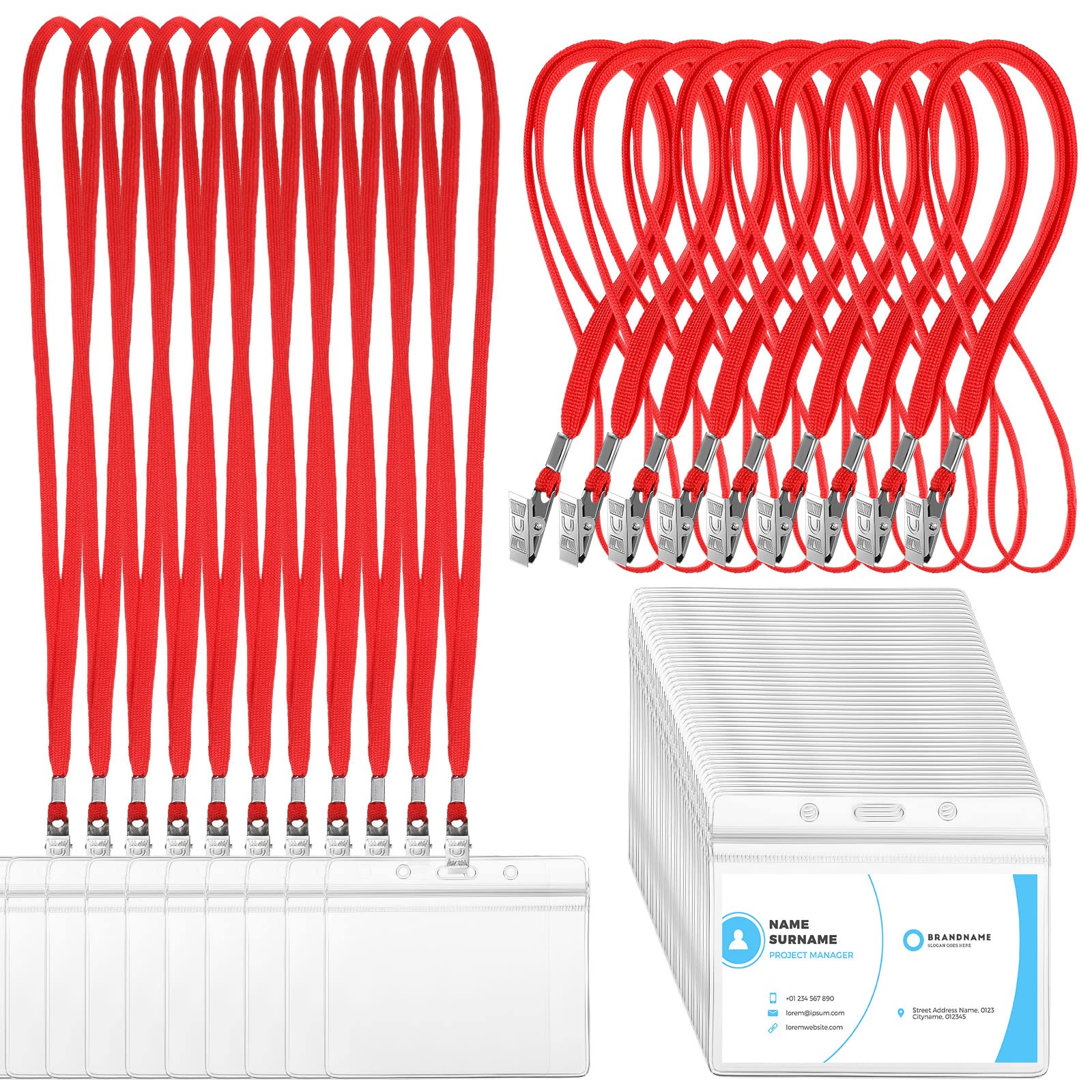 Marspark 100 Sets Clear Name Tags with Lanyard, Lanyards for ID Badges Reusable Strap with ID Holder Plastic Name Badges for Adults Business School Church Conference (Red)