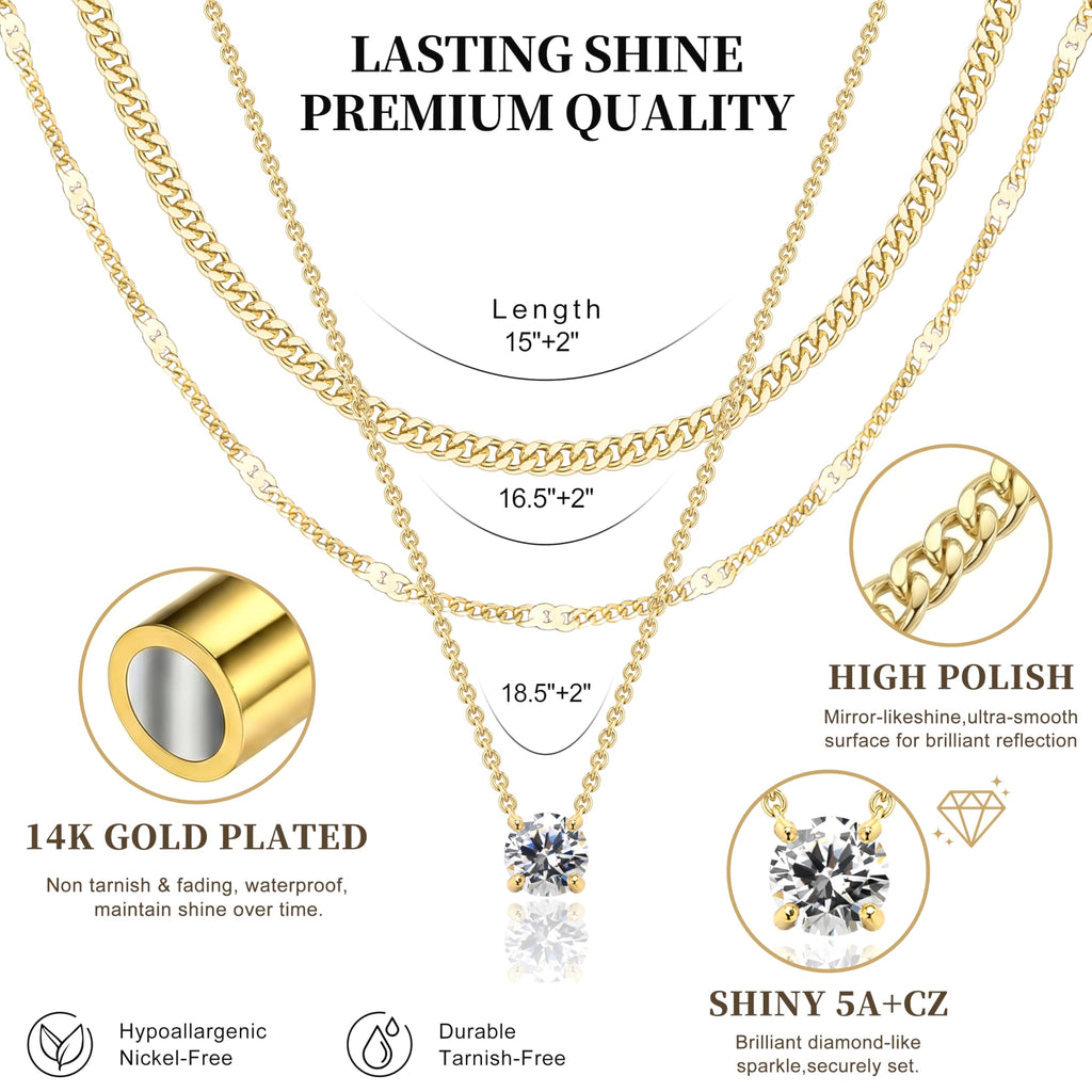 WomenGifts Layered Gold Necklaces for Women, 14K Gold Plated Dainty Cute Pendant Necklace Jewelry Set, Chunky Stackable Cuban Chain Choker Collar, Trendy Waterproof Non Tarnish Jewelry Gift