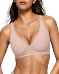 OEAK Womens Deep V Bras Wireless Comfortable Bra Supportive No Underwire Bras Tshirt Push Up Bralettes Plunge Seamless Bra Nude L