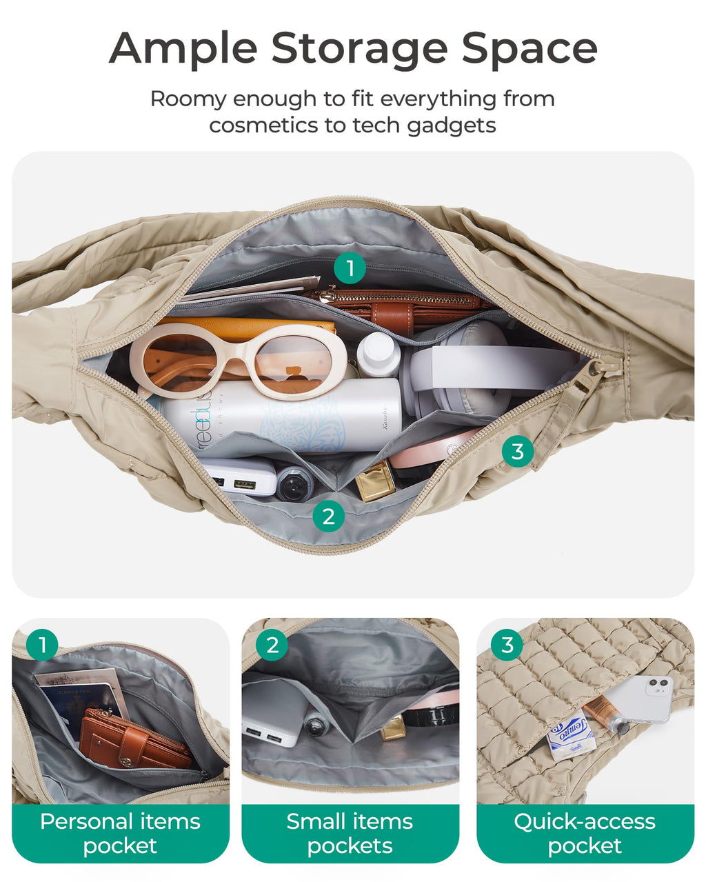 BAGSMART Crossbody Bags for Women, Quilted Puffy Purses for Women, Fluffy Travel Essentials Shoulder Hobo Bag