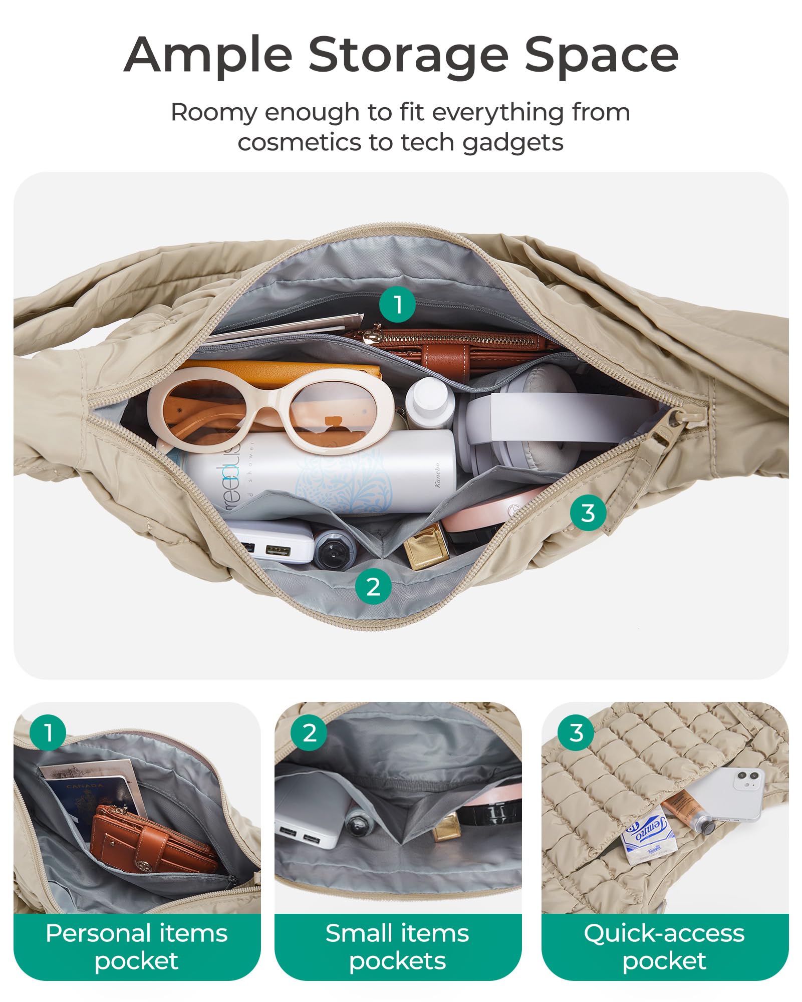 BAGSMART Crossbody Bags for Women, Quilted Puffy Purses for Women, Fluffy Travel Essentials Shoulder Hobo Bag