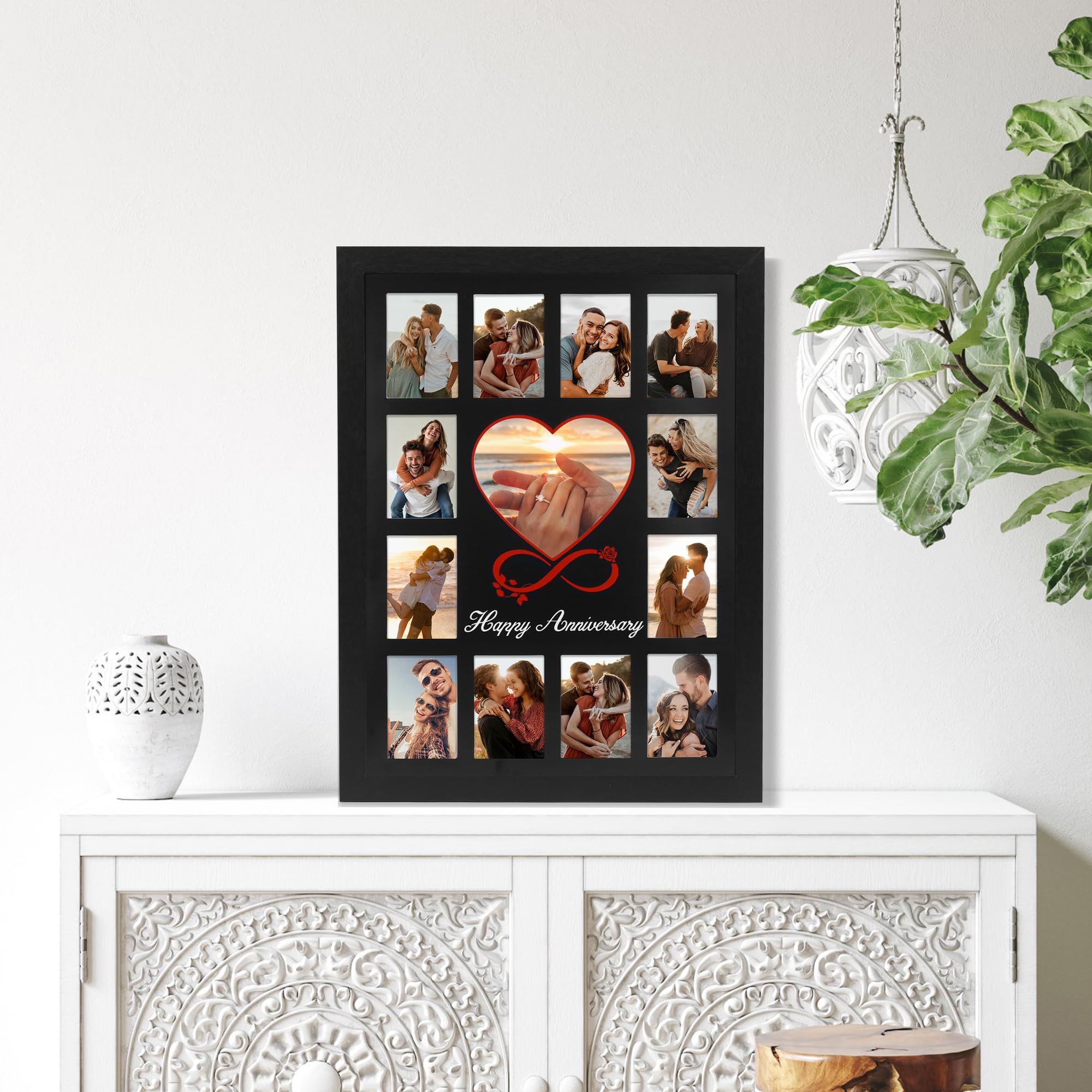 FramePro 12x16 Heart Anniversary Collage Picture Frame, DIY Names Custom Multi Photo Frame Holds 13 Photos, Anniversary Decorations Gifts for Couples Husband Wife, 1st Year Wedding & Valentine’s Day Gift Ideas (Black)