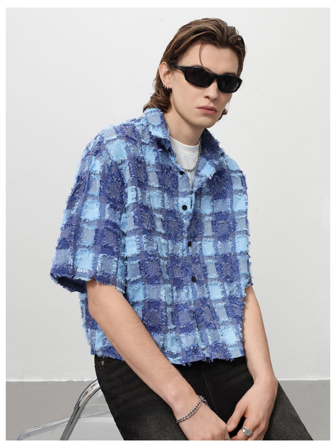 BEAUDRM Men's Cropped Button Down Shirt Y2k Gingham Short Sleeve Top Boxy Tee Shirts Summer Vocation Outfits Streetwear Blue Small