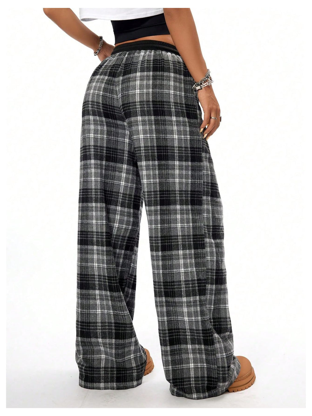 WDIRARA Girl's Plaid Elastic Waist Pants Wide Leg Long Baggy Pants with Pockets Dark Grey 9Y