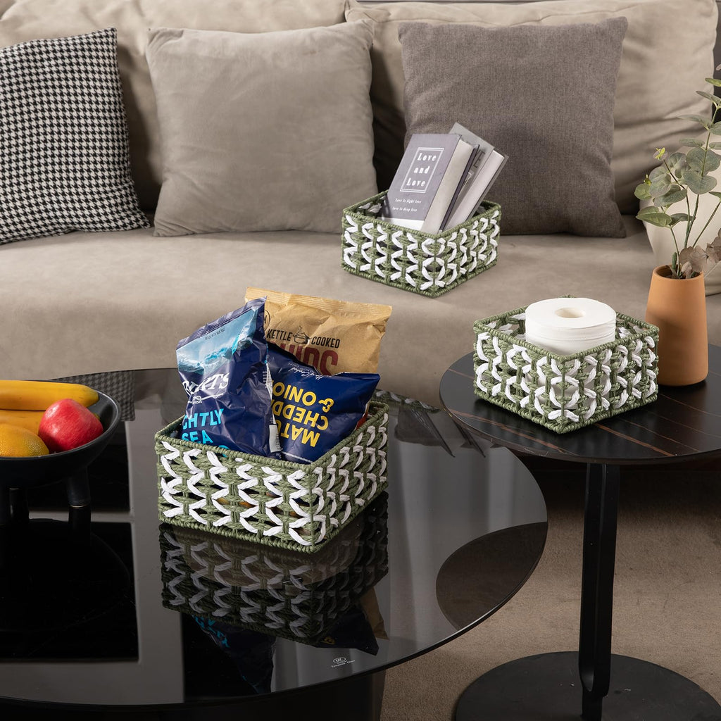 OIAHOMY Storage Baskets Paper Rope Shelf Baskets, Handwoven Small Wicker Bins for Home, Set of 3-Green & White