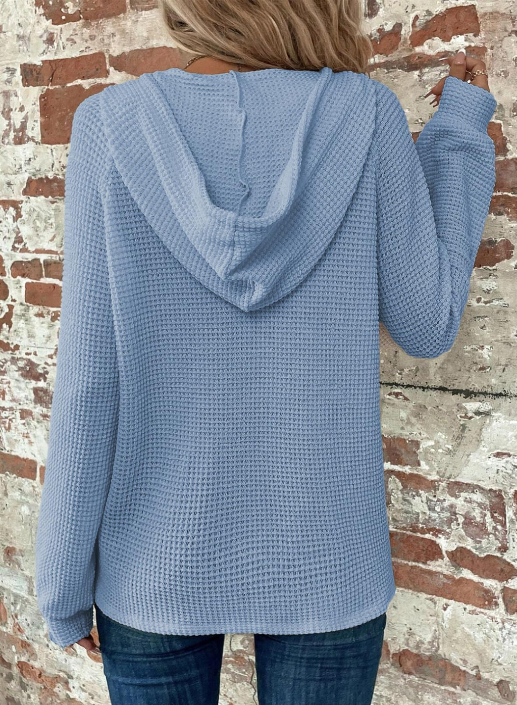 Dokotoo Womens Tops Hoodies for Women Waffle Knit Drawstring Button V Neck Long Sleeve Pullover Sweatshirt Hoodie Lightweight Sweater Casual Cute Fall Fashion Outfits Clothes 2025 Light Blue Medium