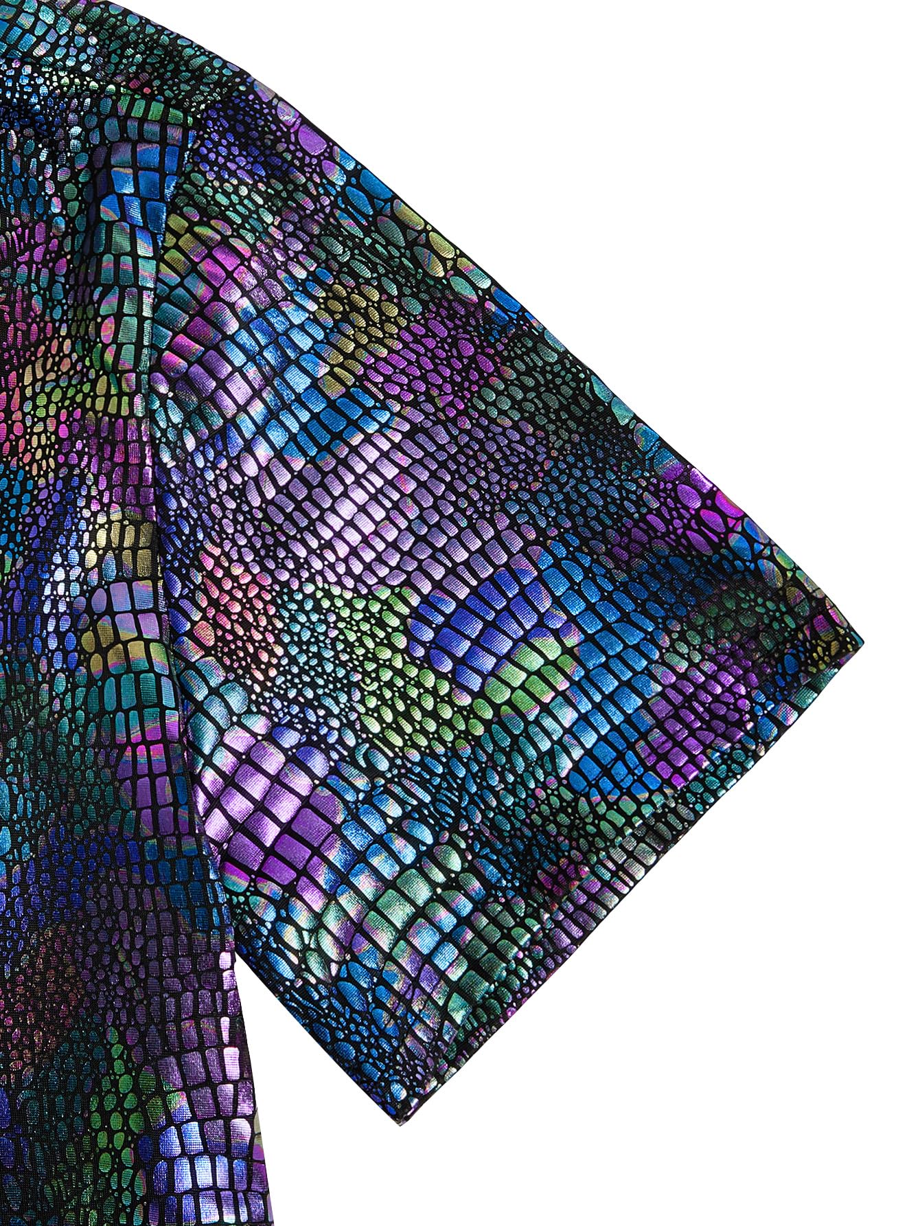 WDIRARA Men's 70s Sparkly Disco Top Crocodile Pattern Metallic Rave Button Down Shirt Short Sleeve Party T Shirt Multicolor Medium