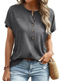 EADINVE Womens Batwing Sleeve Tshirts Crew Neck Short Sleeve Buttons Tops Tee Basic Summer Blouse Loose Fit Dark Grey