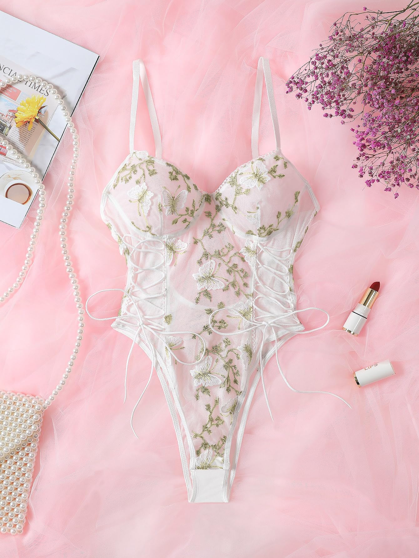 Lilosy Women Sexy Lace Up Butterfly Embroidered Teddy Babydoll Lingerie Bodysuit Top Mesh Sheer One Piece See Through Light Butterfly White Medium