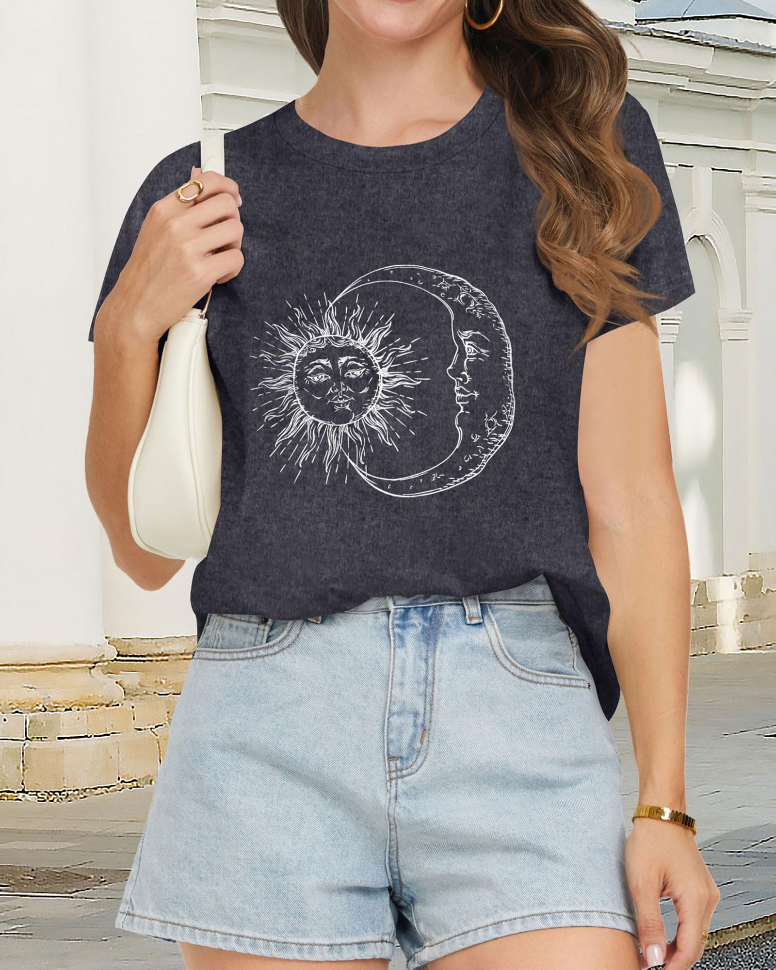 T Shirts for Women Summer Short Sleeve Crewneck Casual Cute Graphic Basic Tees Tops, Deep Grey Moon, L