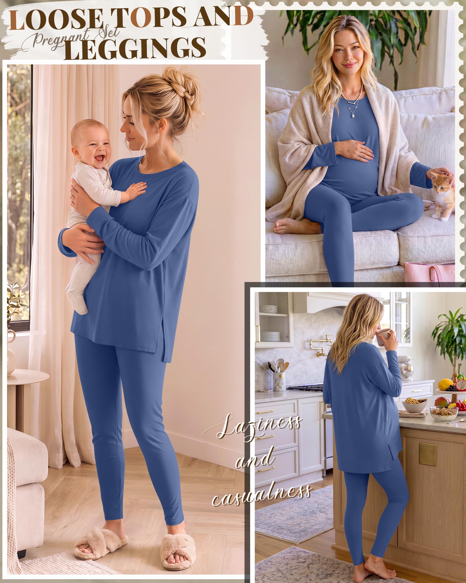Huukeay Women's Maternity Sets Postpartum Pajamas, Haze Blue, XX-Large