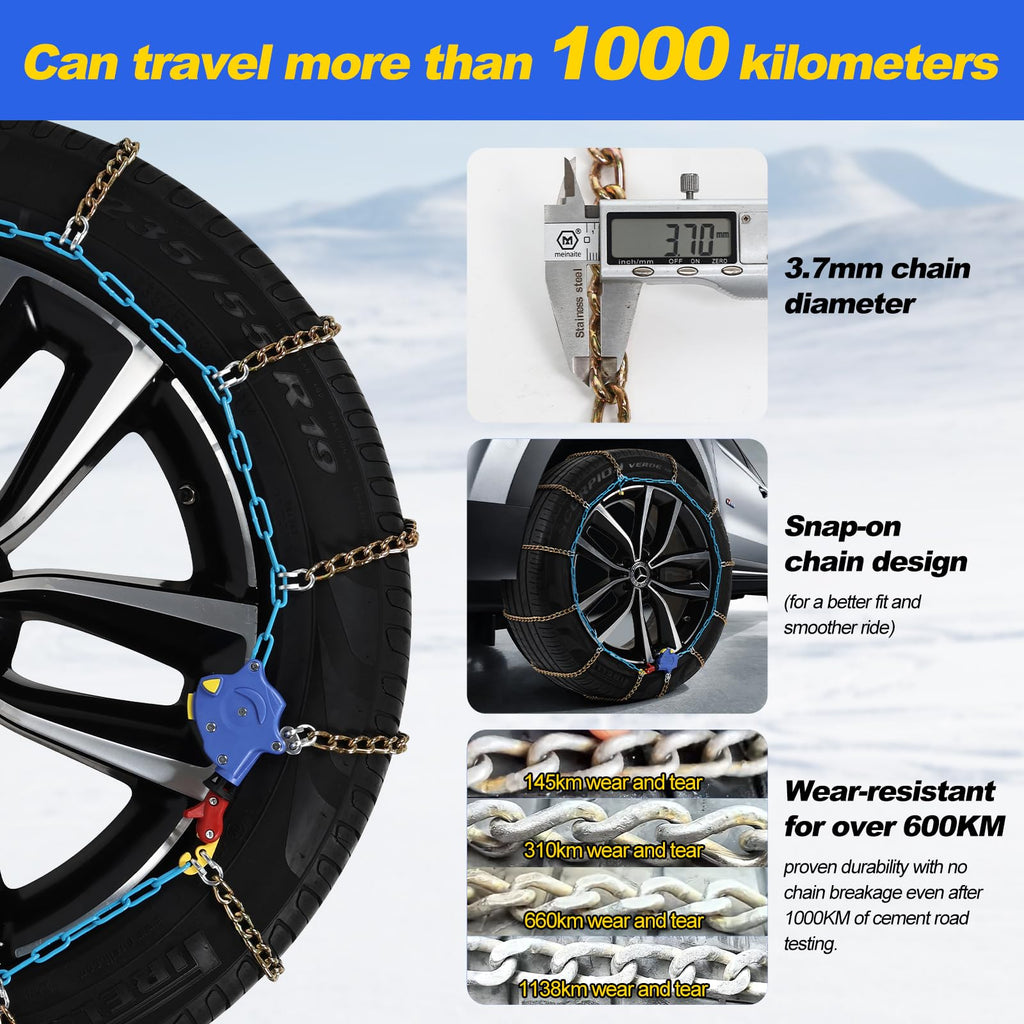 Auto Tightening Snow Chains for Cars, SUVs & Pickup Trucks – 1-Min Quick-Fit Auto Installation, Reusable Universal Emergency Traction Tire Chains – Set of 2（ALN120）