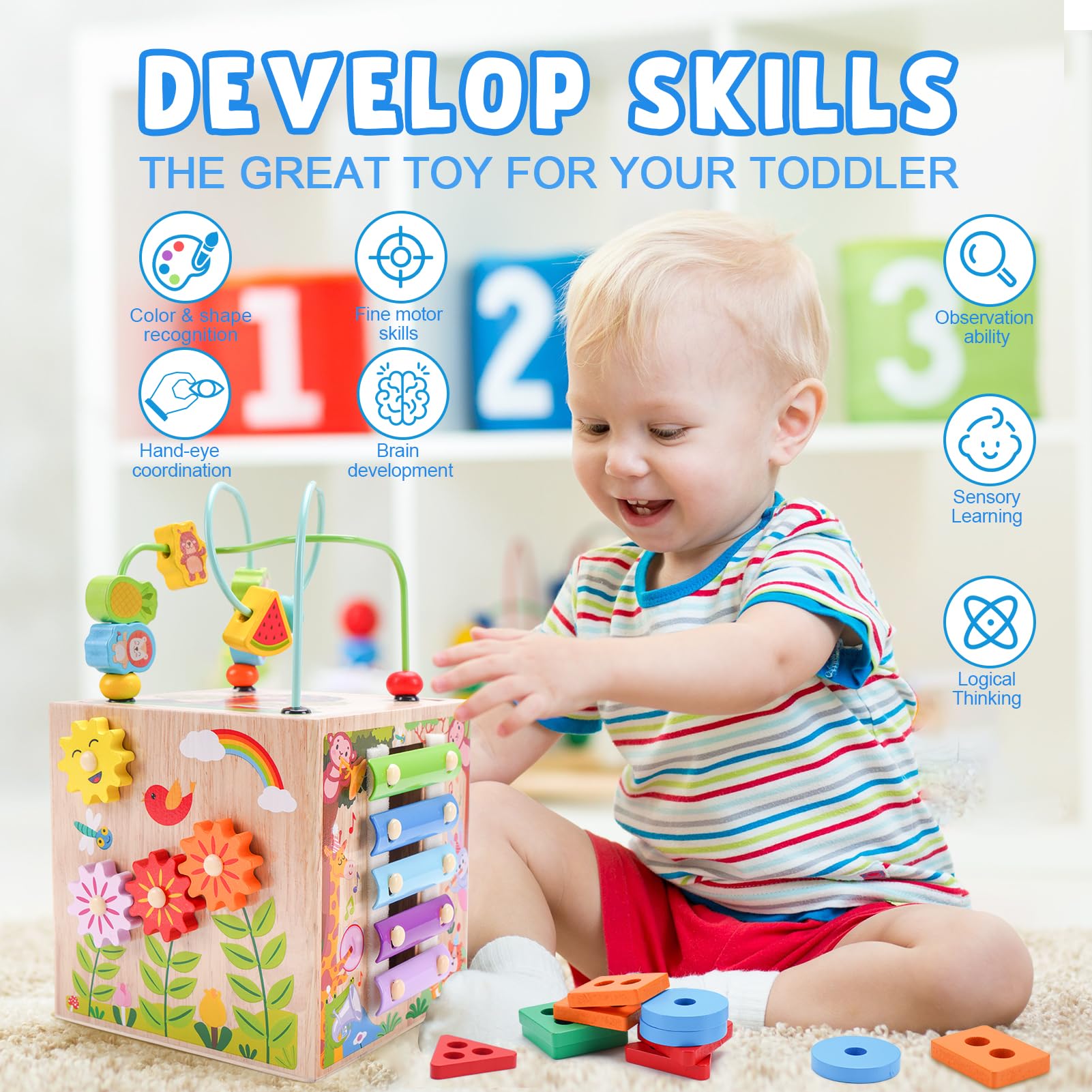 Wooden Activity Cube | Montessori Toys for 1 2 3 Year Old Toddlers | One Year Old 1st First Birthday Gift | Educational Toys for 12+ Months Baby Boys Girls | Bonus Sorting & Stacking Game (Pink)