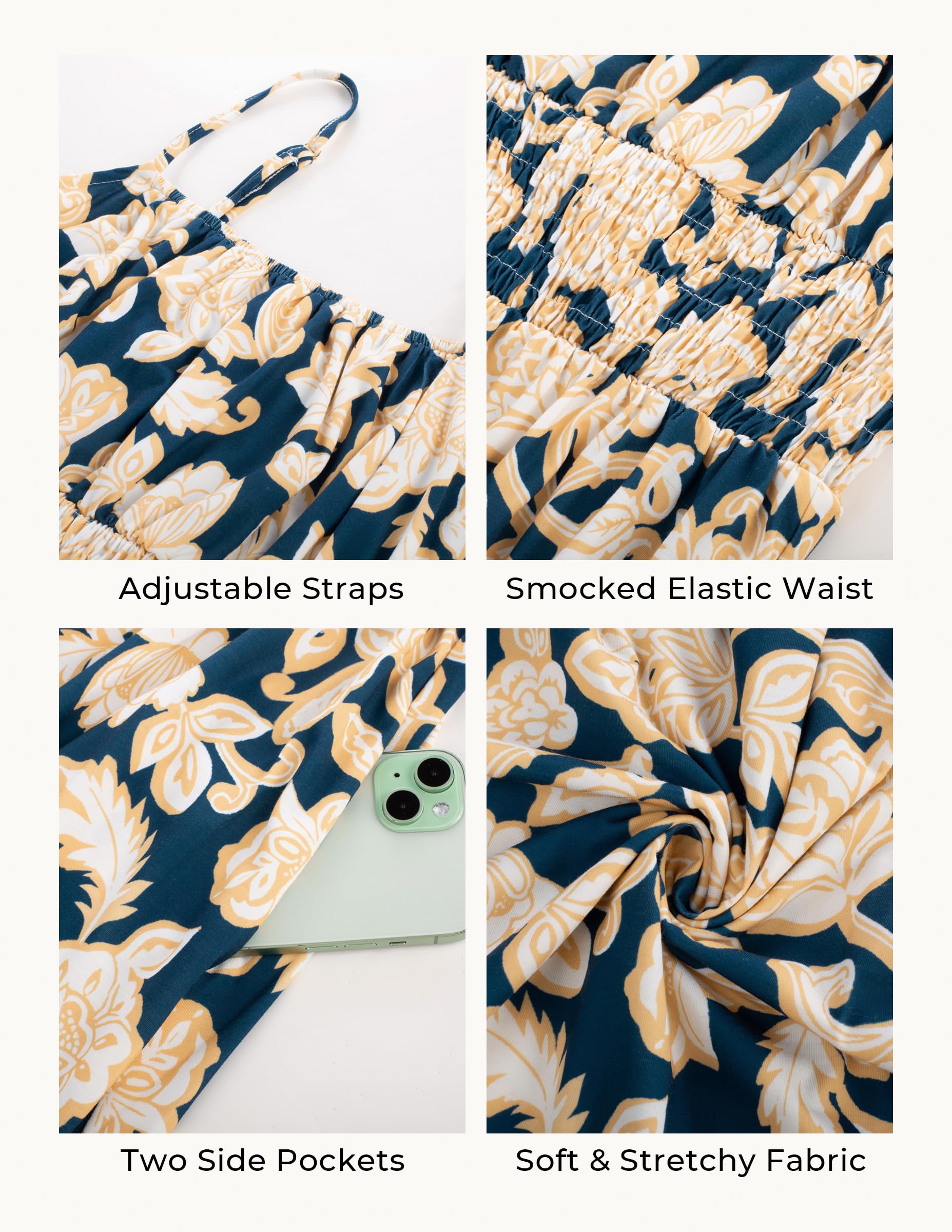 GRACE KARIN Summer Dresses for Women 2026 Vacation,Smocked Floral Maxi Dresses,Boho Beach Long Sundress Navy Flower S