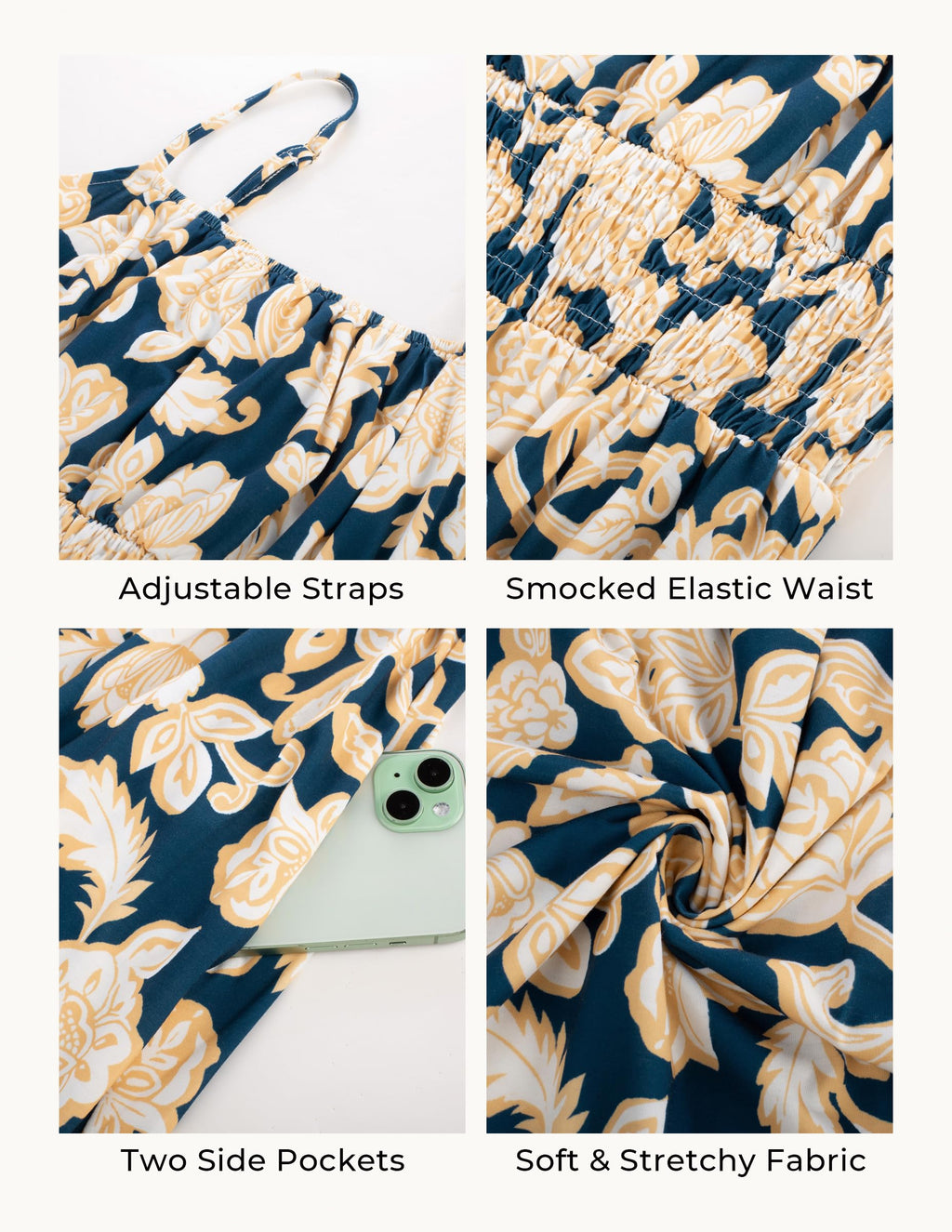 GRACE KARIN Summer Dresses for Women 2026 Vacation,Smocked Floral Maxi Dresses,Boho Beach Long Sundress Navy Flower M