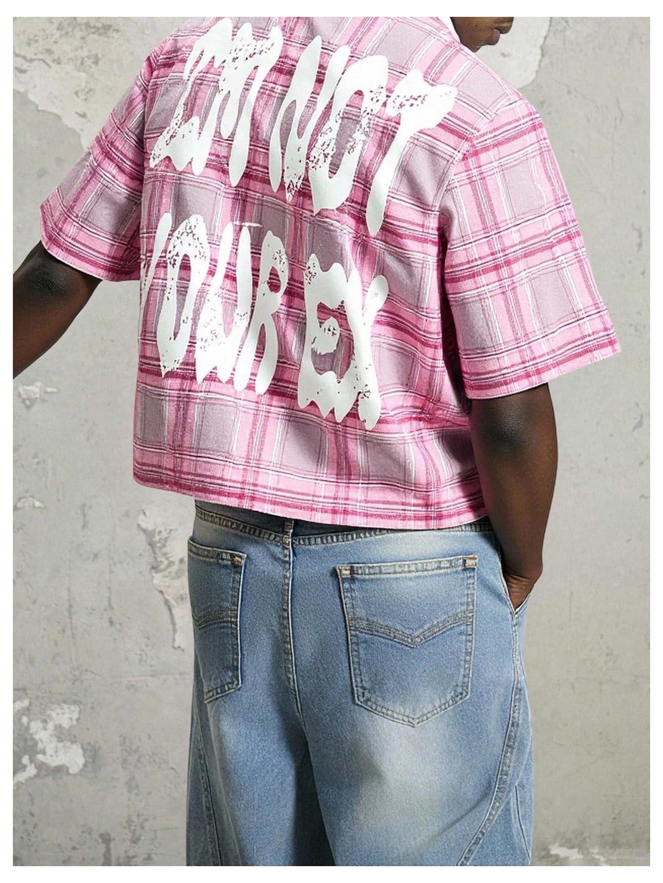 VIPWOLF Men's Plaid Cropped Shirt Oversized Gingham Short Sleeve Button Down Hip Hop Streetwear Baggy Crop Top Pink Small