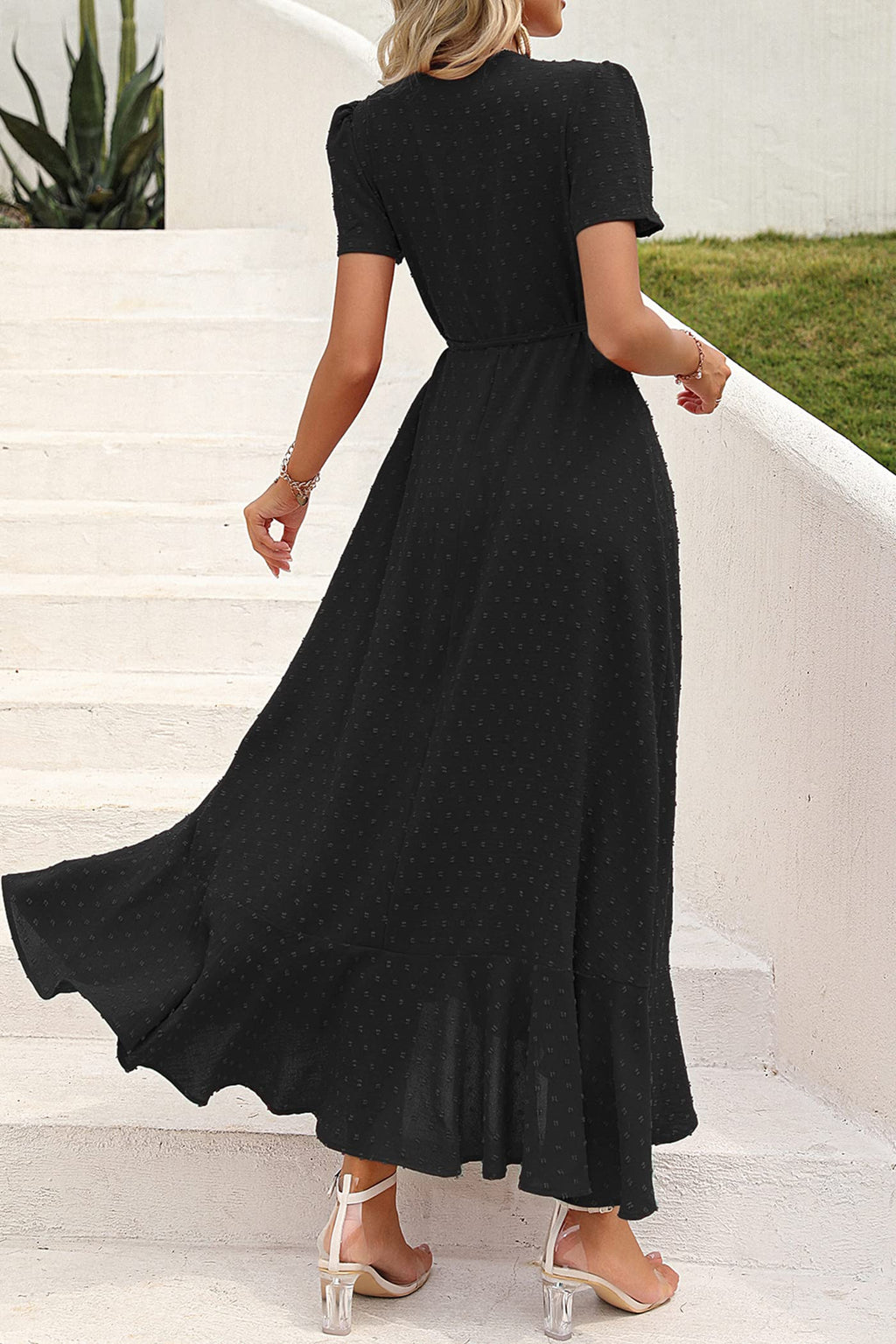 PRETTYGARDEN Women's Summer Wrap Maxi Dress Casual Boho Floral V Neck Short Sleeve Ruffle Hem Split Beach Long Dresses (Z_Black,Medium)