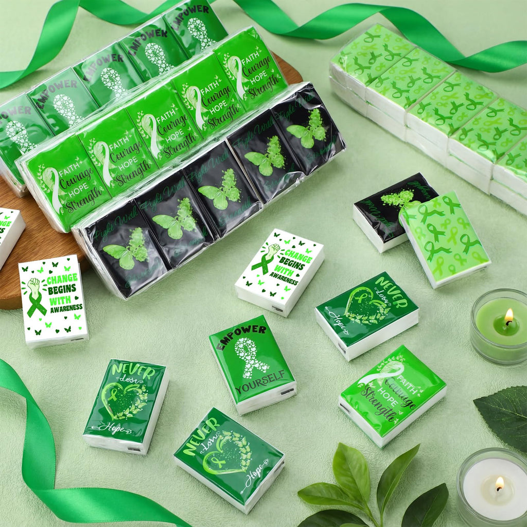 Honoson 60 Pack Mental Health Awareness Tissues Bulk Green Ribbon Mental Health Awareness Month Gifts Favor Travel Pocket Tissue for Charity Event Supplies Volunteer Activities
