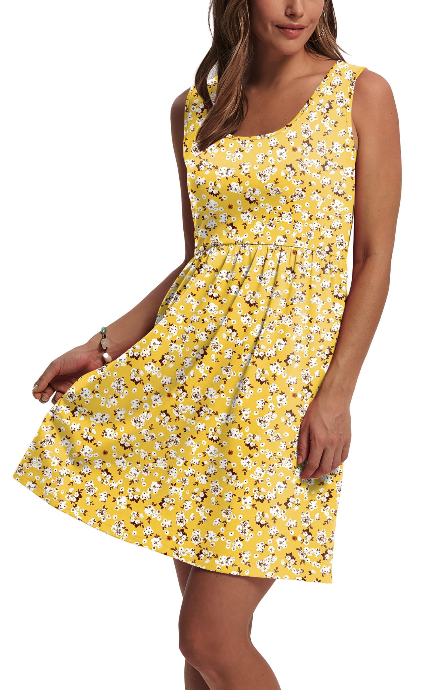 WIHOLL Summer Dresses for Women 2026 A Line Sleeveless Spring Dresses for Women Casual Cute Beach Vacation Clothes Fashion Floral Dress Sundresses with Pockets Womens Sun Dress Yellow M