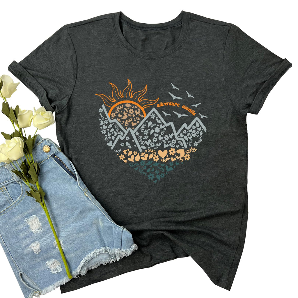 LOOKFACE Women Crewneck Cute Graphic Short Sleeve T Shirts Dark Grey Large