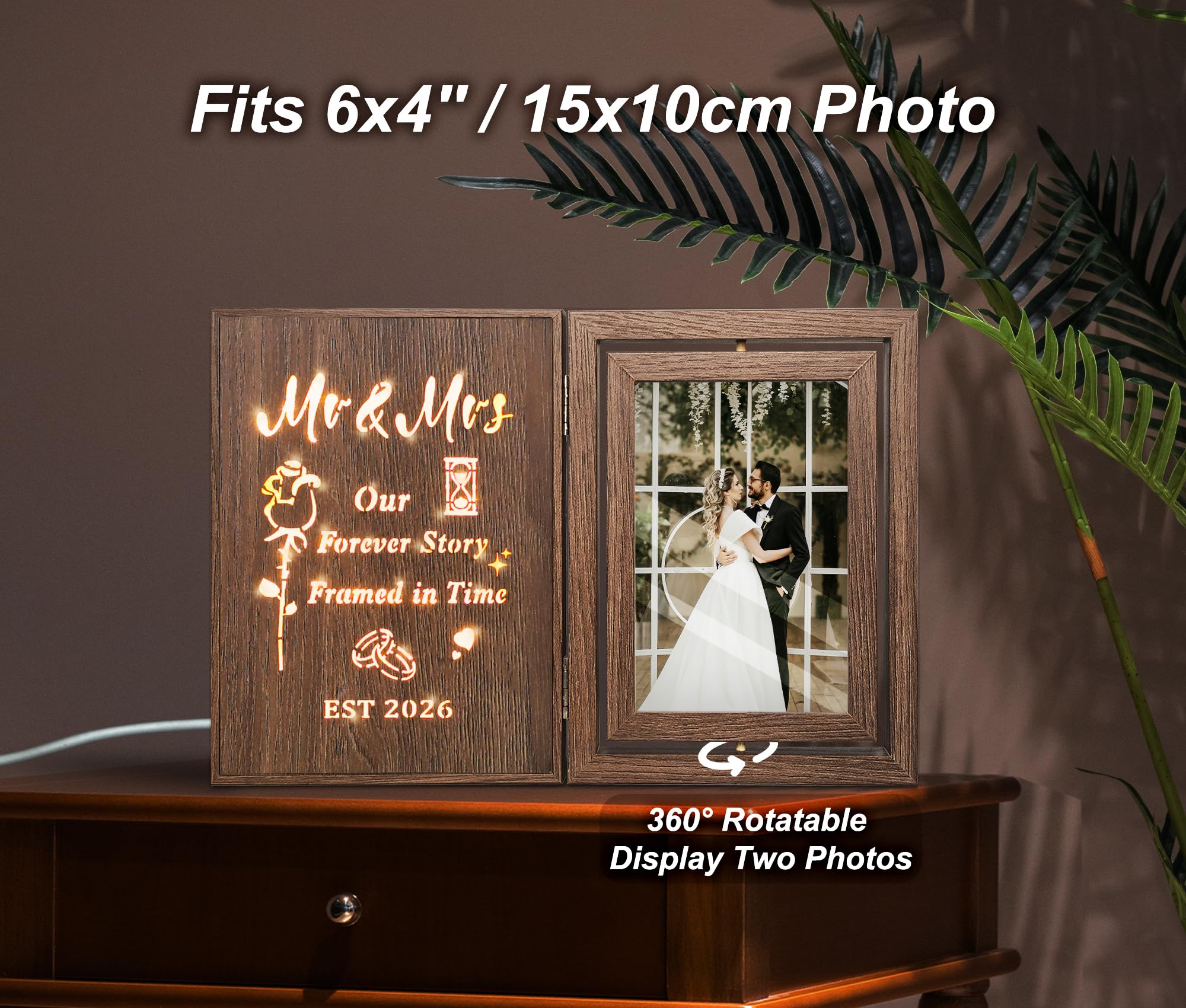 EYITUPC Wedding Gifts for Couples 2026 Light Up Mr and Mrs Picture Frame, Bridal Shower Gifts for Bride Groom, Rotating Wedding Photo Frames 4x6 for 2 Pictures