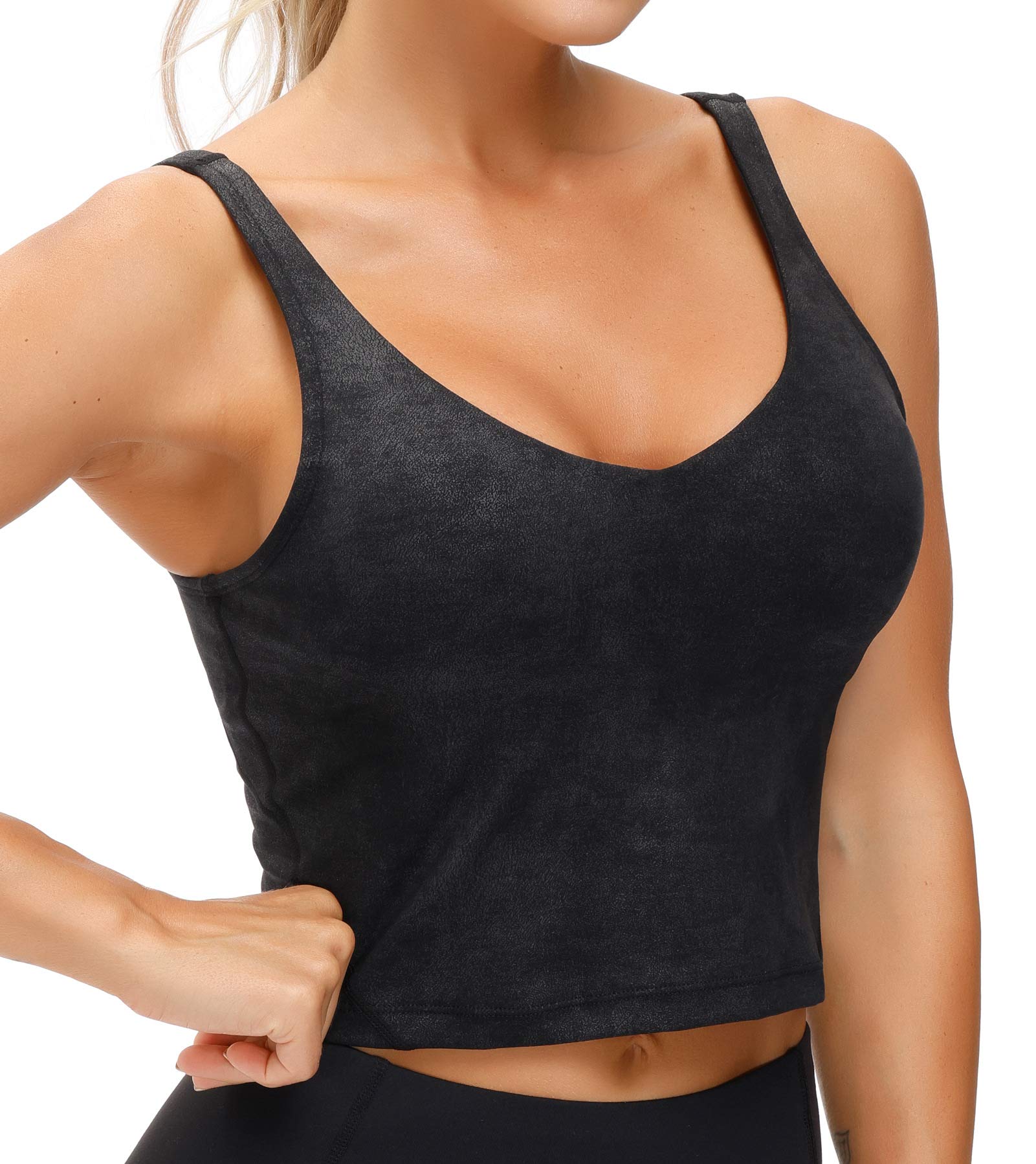 THE GYM PEOPLE Women’s Longline Sports Bra Wirefree Padded Medium Support Yoga Bras Gym Running Workout Tank Tops (Faux Leather Coated, Medium)