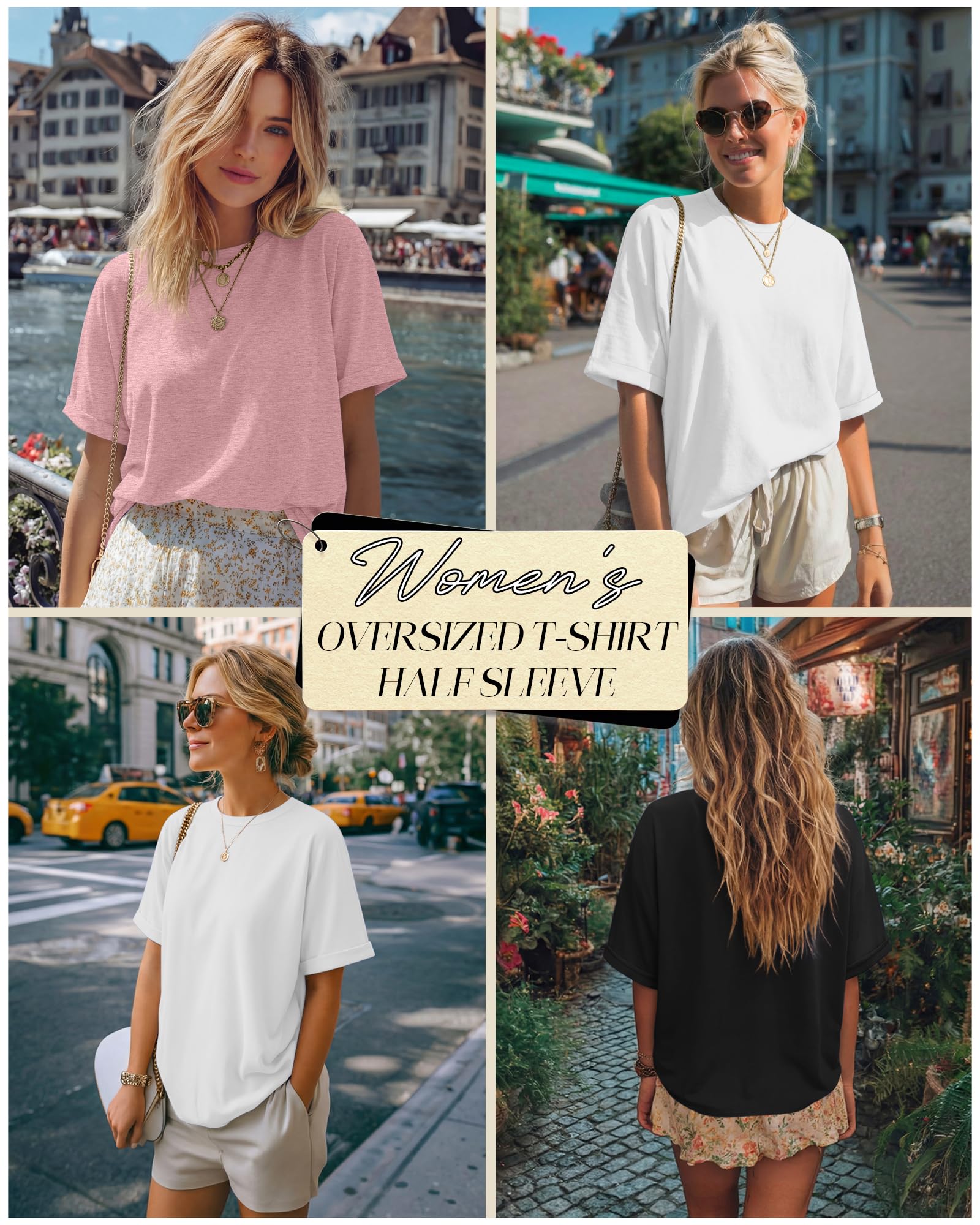 Riyiper 3 Pack Women's Oversized T-Shirt Half Sleeve Summer Tees Casual Loose Fit Crew Neck Basic Tops(Black, White, Pink,Medium)
