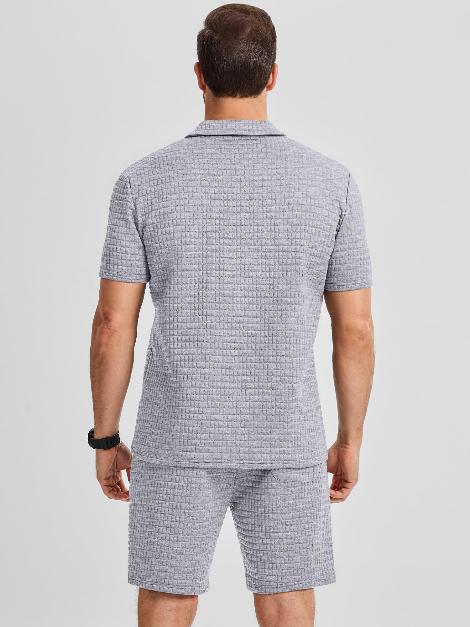 JMIERR Men's Casual Summer Set Textured Short Sleeve Shirt and Shorts 2 Piece Beach Outfit, Light Grey, M