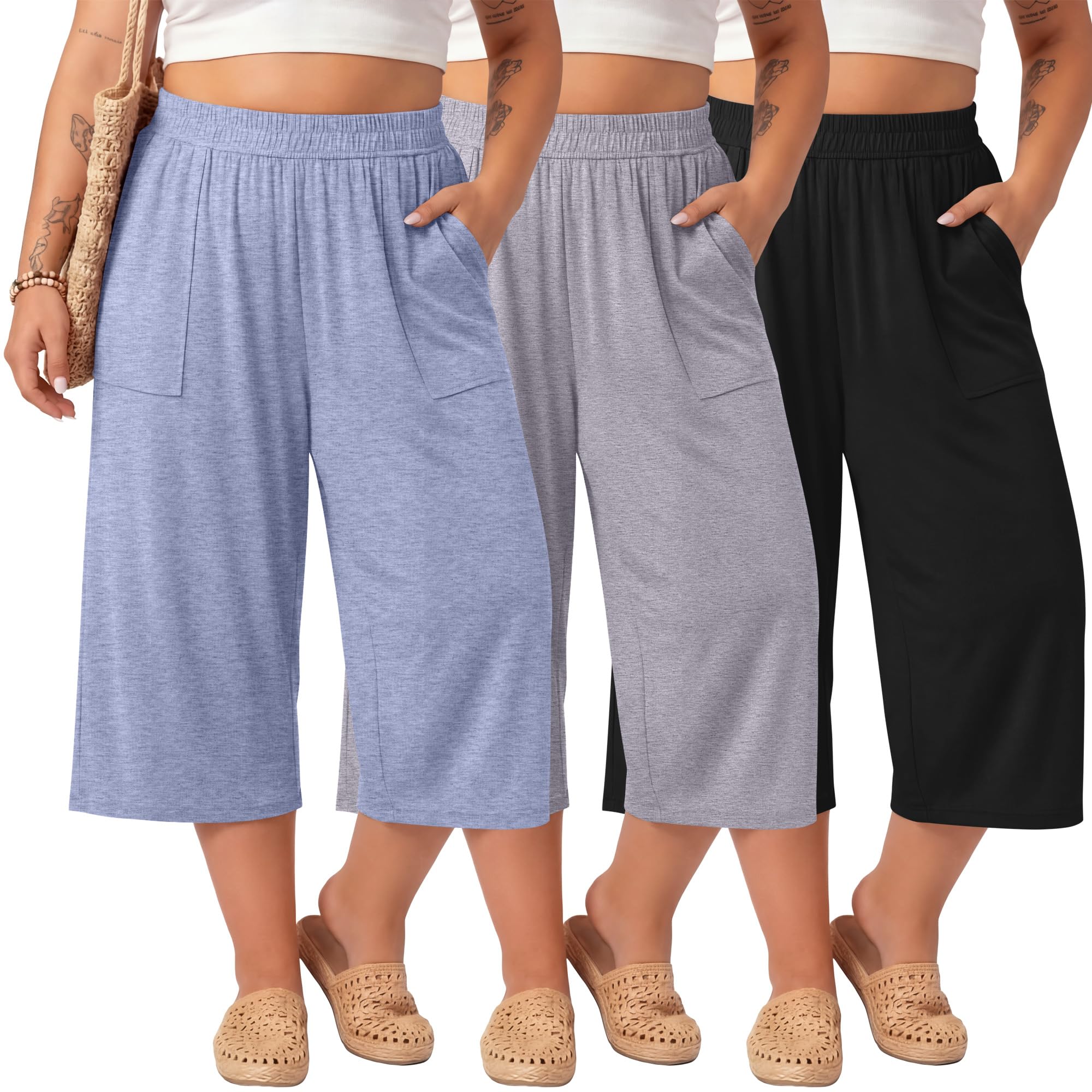 Neer 3 Pack Women's Plus Size Capris Pants, 3-Color, 3X-Large