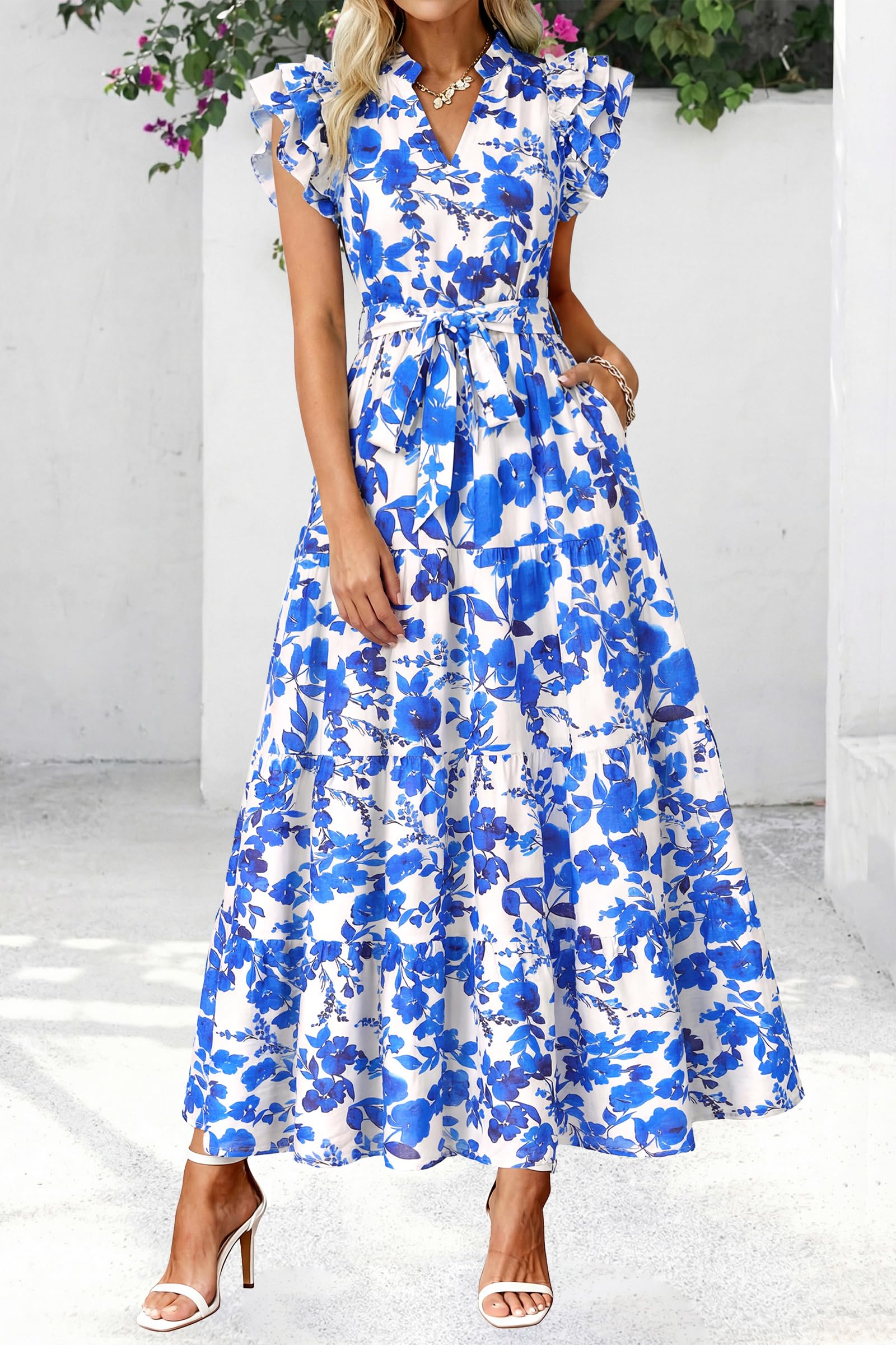dowerme Women Summer Maxi Dresses 2026 Ruffle Sleeve V Neck Floral Boho Long Dress Belted Tiered Sundress with Pockets(White Blue Flower,Medium)