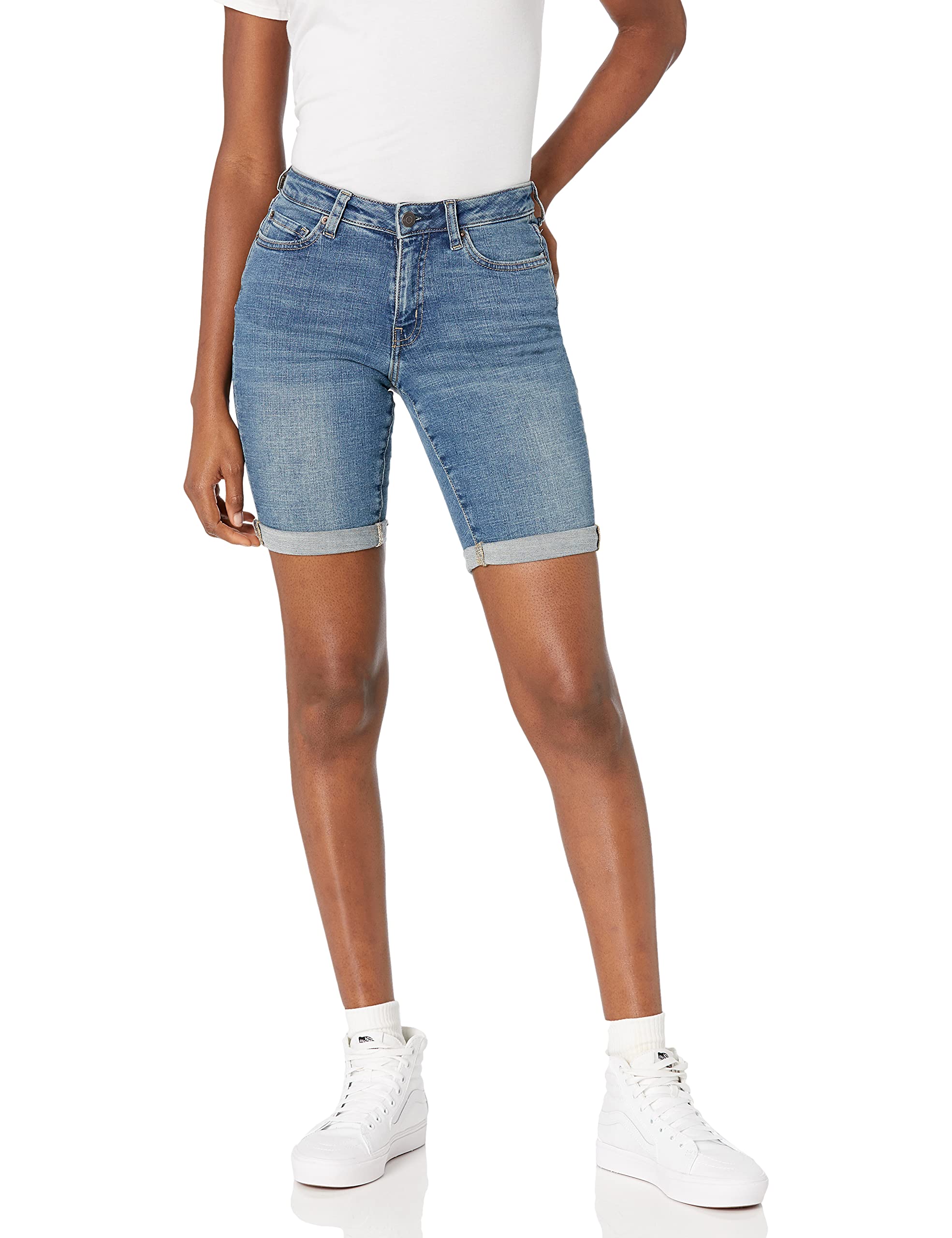 Amazon Essentials Women's Mid-Rise Slim Fit Bermuda Shorts with Pockets, Medium Wash, 20
