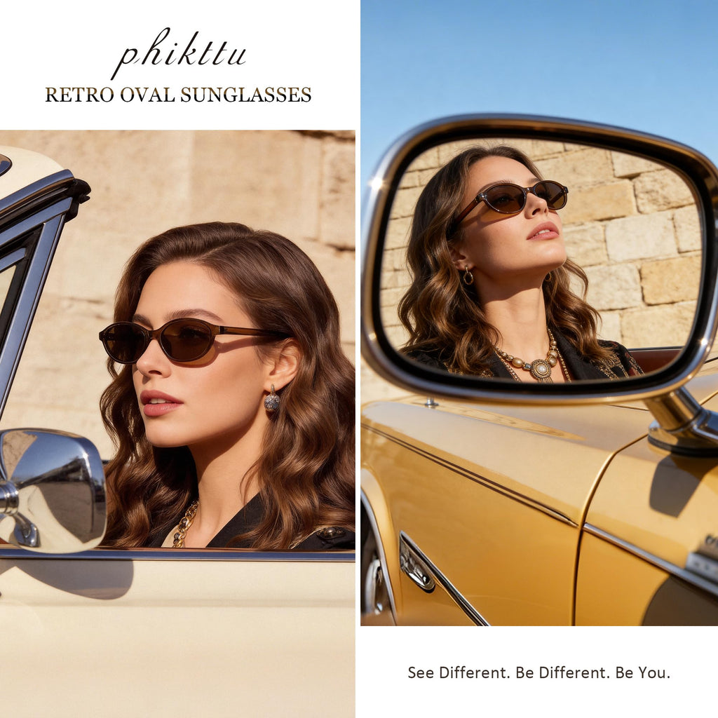 phikttu Sunglasses Womens Retro Oval Sunglasses for Women - Cat Eye 90s Glasses Y2K UV400 Lightweight Narrow Shades