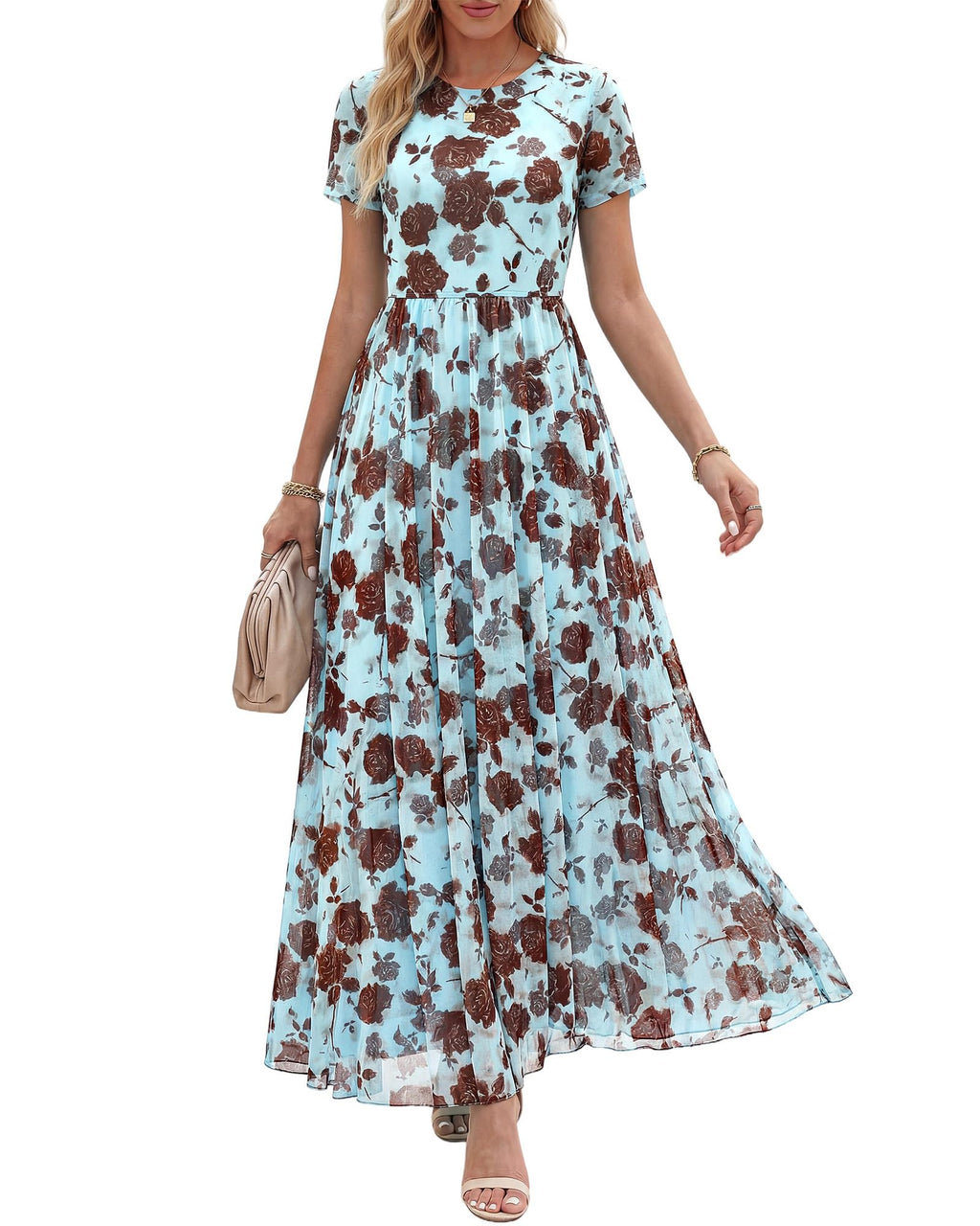 BTFBM Summer Dresses for Women 2026 Formal Short Sleeve Floral Homecoming Dress Maxi Wedding Guest Vacation Outfits(Floral Blue Brown,Large)