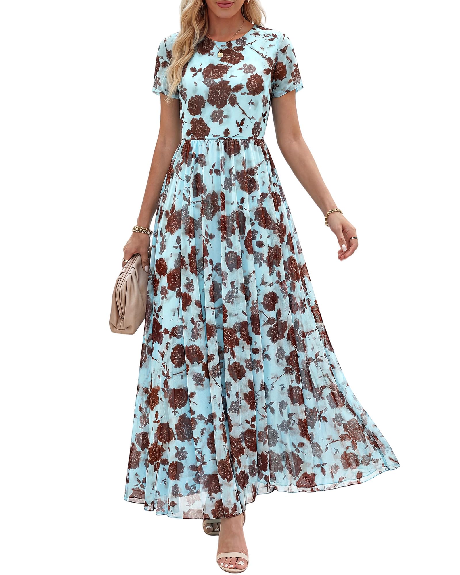 BTFBM Summer Dresses for Women 2026 Formal Short Sleeve Floral Homecoming Dress Maxi Wedding Guest Vacation Outfits(Floral Blue Brown,Large)
