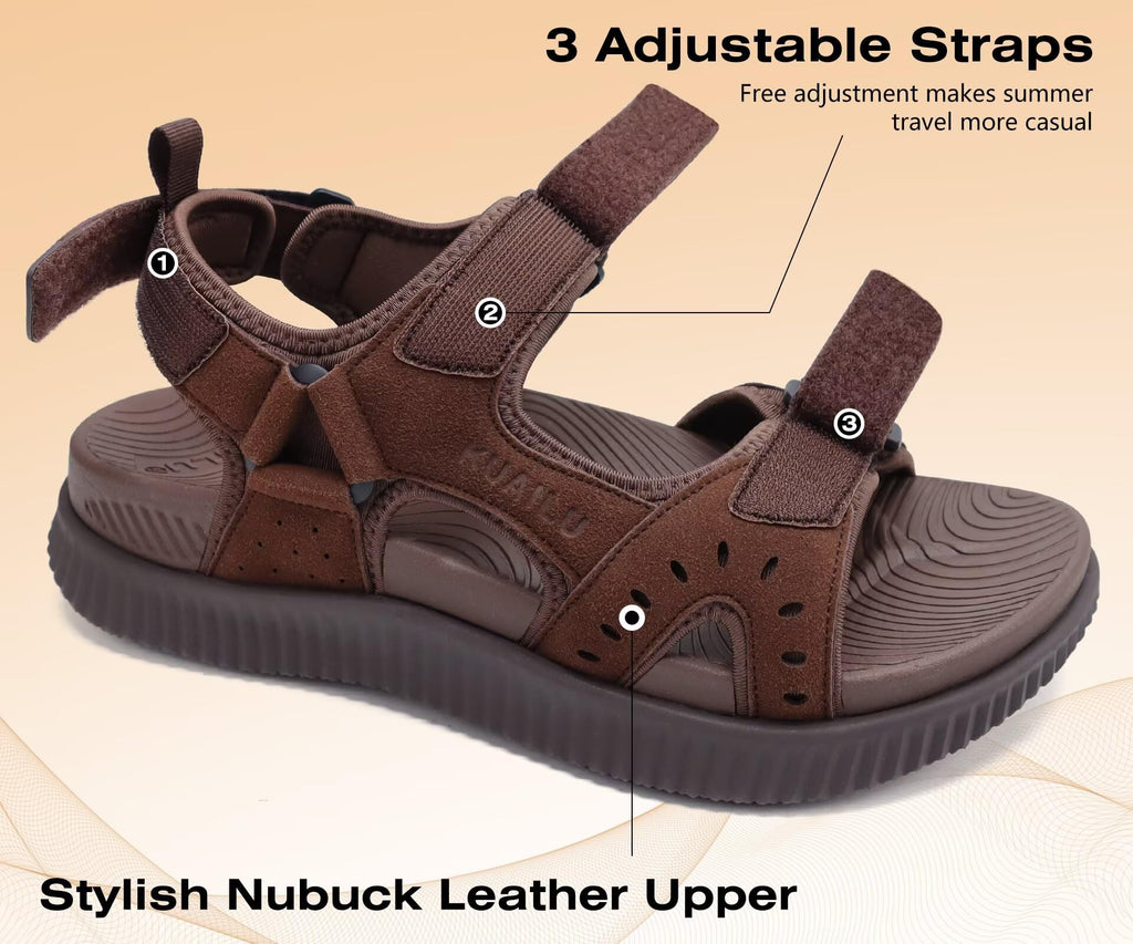 KuaiLu Mens Leather Hiking Sandals With Arch Support Orthopedic Sport Recovery Athletic Walking Sandals For Man Outdoor Summer Casual Thick Cushion Beach Water Fisherman Sandal, size 9 Dark Brown