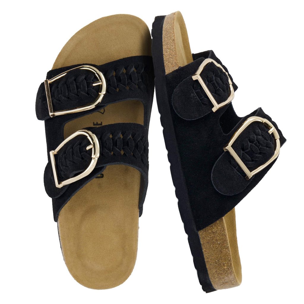 CUSHIONAIRE Cashew Slip On Womens Sandals, Genuine Suede Leather Braided Double Strap Slide On Sandals with Adjustable Big Buckle for Women 2026, Black 8