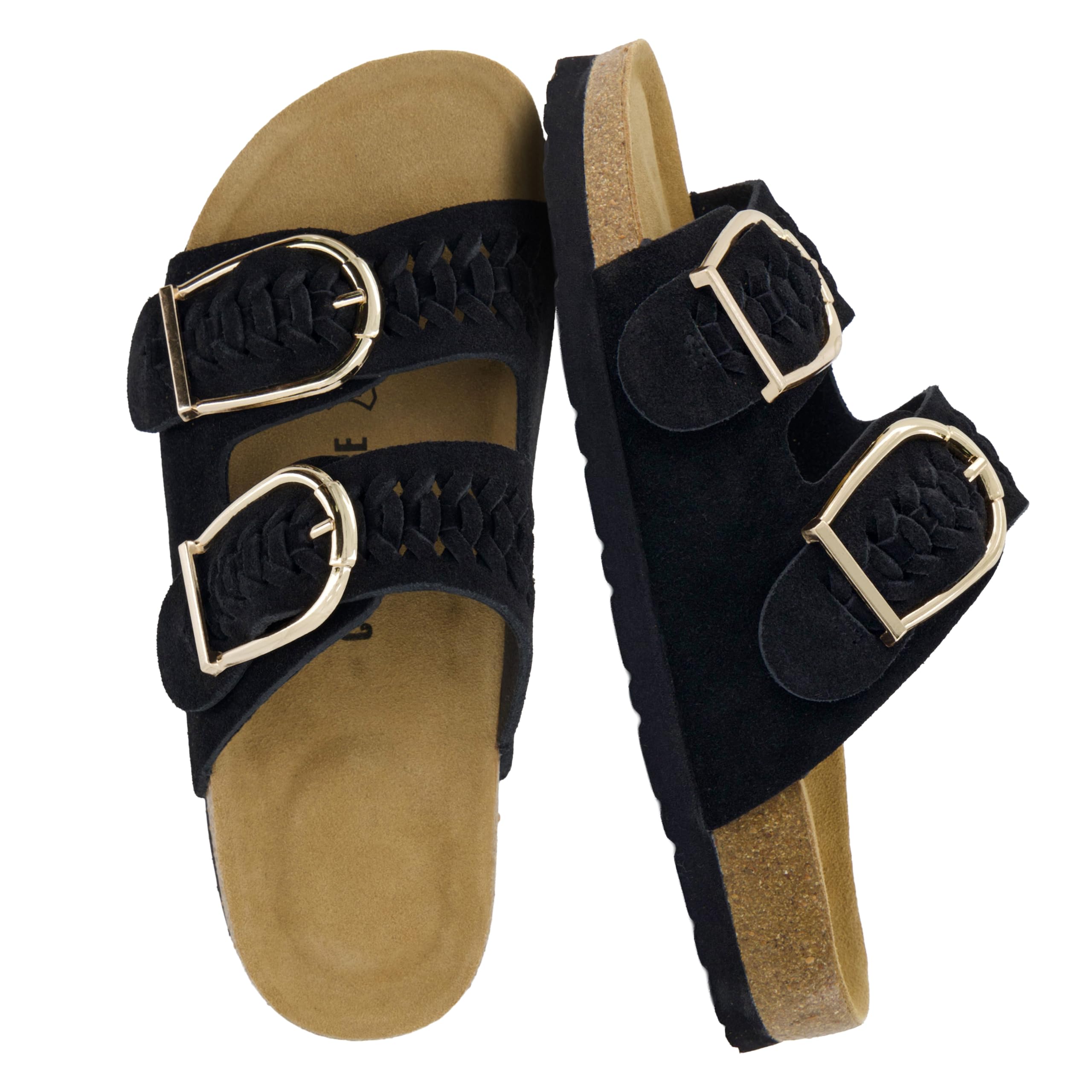 CUSHIONAIRE Cashew Slip On Womens Sandals, Genuine Suede Leather Braided Double Strap Slide On Sandals with Adjustable Big Buckle for Women 2026, Black 8